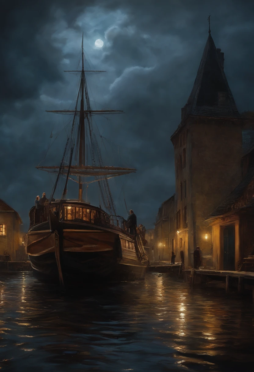 Real picture((Oil paints ))Landscape painting,acrycle painting,Brush strokes,With unparalleled realism,ultrawide,ominous skies,Sail ships,Wooden boats,Lotus,Huge waves,Starry night,Harry Potter,voluminetric lighting,Clearing,Realistic,james gurney,art stations,((Paint with oil painting))