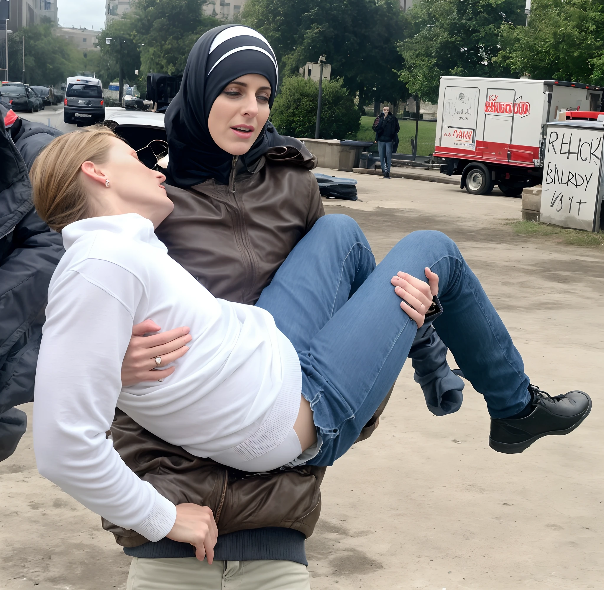 a fainted man in a matte tanktop, a man in a tanktop, a consciousles man in a matte tanktop, there is a turkish mother with headscarf, there is a hijabi turkish mother, therer is a turkish mother in a high shine plastic coat, rainfall, plastic raincoat, matt eblue jeans, she is grabbing his leg, she is holding his leg, she carries the wounded man's body in her hands, she is crying for help, she is shouting out with desperation, Andrea grabs his legs and his body with her hands, the bearded man in Andrea's arms is visibly in pain, stadium atmosphere, the bearded man is lying consciousless in Andrea's arms with one arm hanging down, A scene at a soccer stadium, a bearded man lying in a caring women's arms, lying helpless in her arms with his head dangling down, he has one arm dangling down while being carried in the women's arms, There is an attractive and heavily made-up woman in a long black leather coat, A pretty woman in a shiny black leather coat on a soccer field, A wonderful woman is holding a passed out man, A man in matt and roughened sportswear is held diagonal in her arms, a man in a woman's arms and lets one arm dangling down, we see the man held in front of the woman's body, the man is cradled in the woman's arm while being carried, the beautiful woman is exceptionally heavily made up and has an extremely desperate and very angry expression on her face, high-resolution photo, realistic sports photo, soccer scene, woman in black shiny long leather coat, injury scene, real photo, ultra realistic, high definition, sports photography