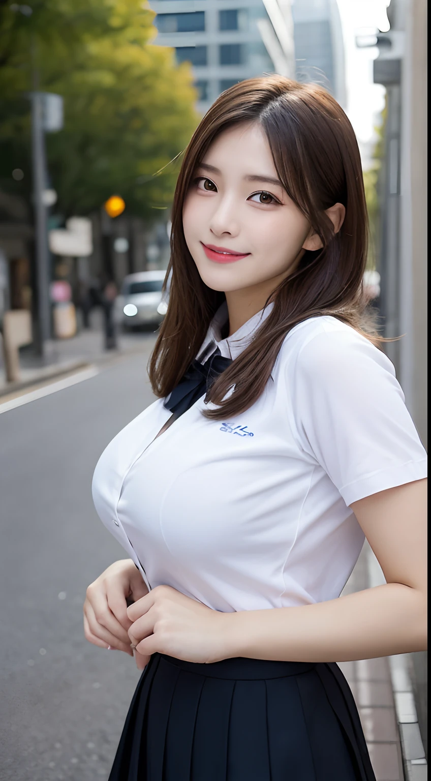校服, Best Quality, Ultra-detailed, finely detail, hight resolution, 8K Wallpaper, Perfect dynamic composition, Beautiful detailed eyes, doress,Medium Hair, Big breasts, Natural Color Lip, Random and sexy poses,Smile,Aoyama Street Walk、A 24-year-old girl