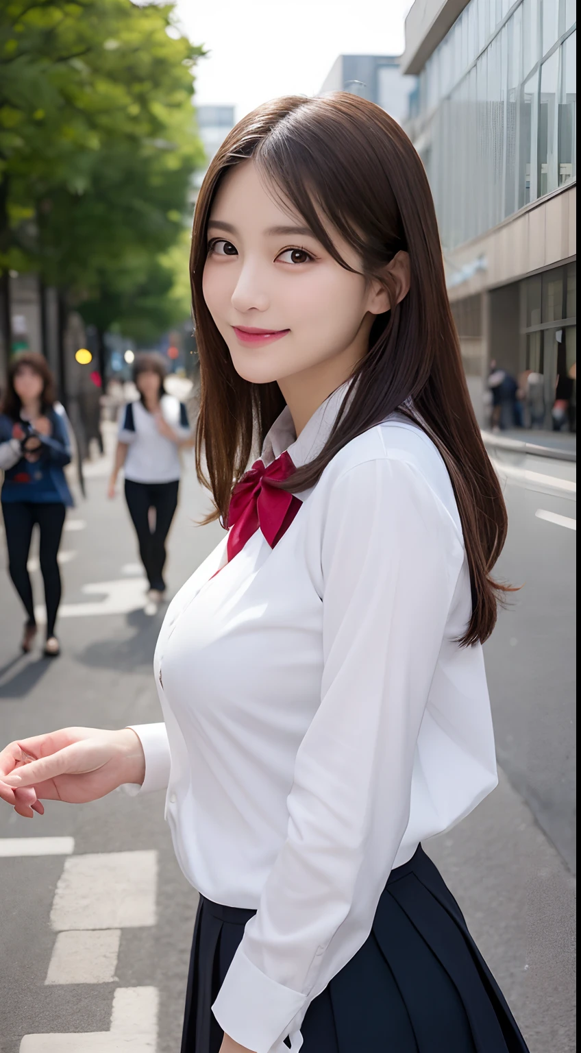 校服, Best Quality, Ultra-detailed, finely detail, hight resolution, 8K Wallpaper, Perfect dynamic composition, Beautiful detailed eyes, doress,Medium Hair, Big breasts, Natural Color Lip, Random and sexy poses,Smile,Aoyama Street Walk、A 24-year-old girl