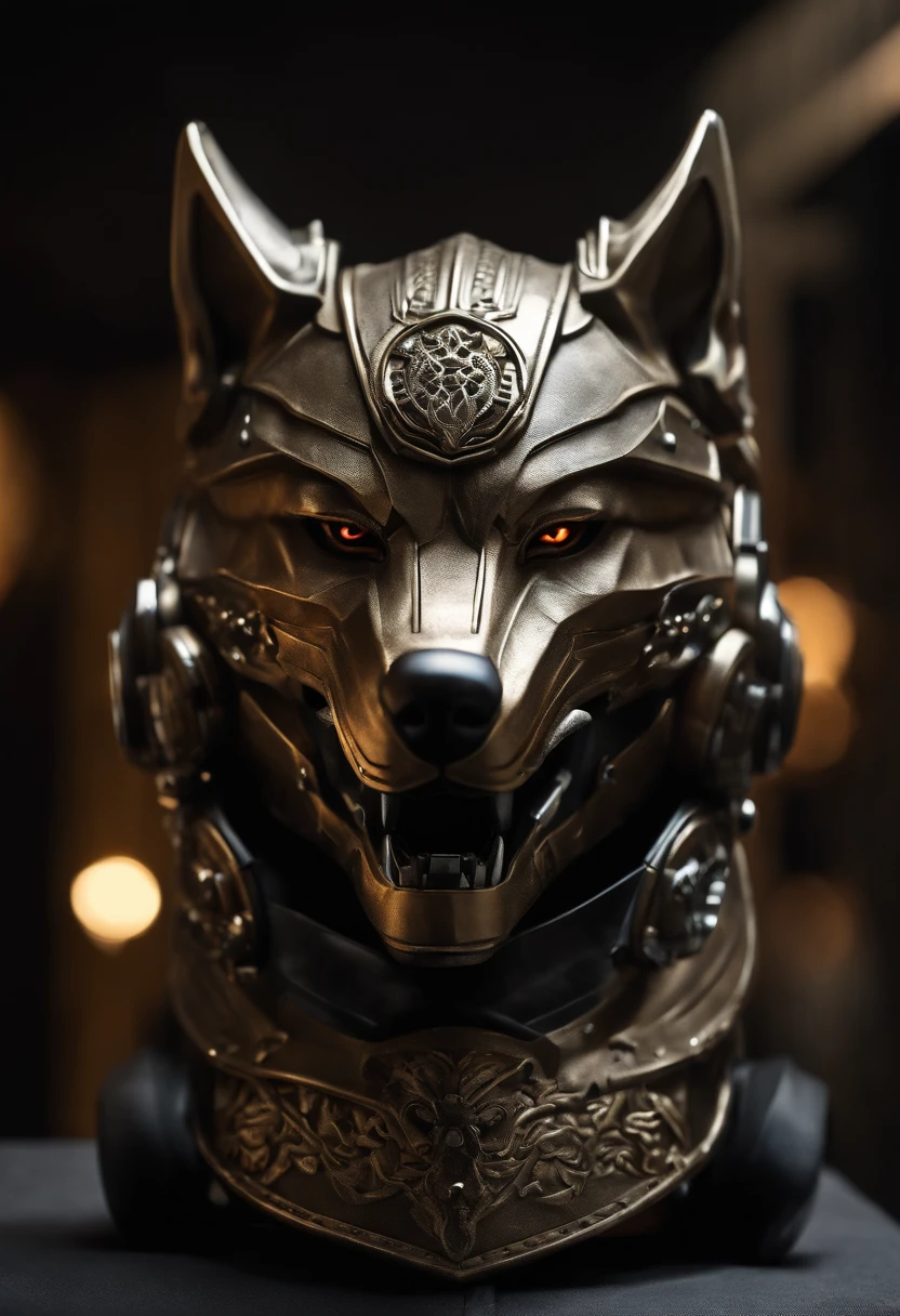 HighestQuali, Dramatic lighting, menacing posture, Fierce expression, Epic atmosphere, (((Wolf head shaped helmet))), (((full body shot of))),Wolf made of metal, droid, cyber punk style, Machinary, ((intricately details)), hdr, ((intricately details, Hipper de Tahado)), Incandescent Lamps, cinema shot, vignet, Bokeh Baker ground effect, (Canidae), (full body shot of).