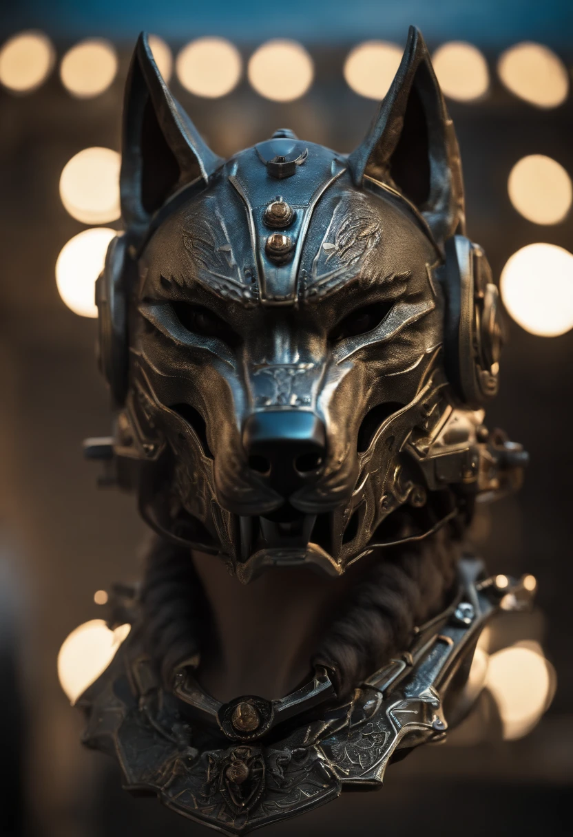 HighestQuali, Dramatic lighting, menacing posture, Fierce expression, Epic atmosphere, (((Wolf head shaped helmet))), (((full body shot of))),Wolf made of metal, droid, cyber punk style, Machinary, ((intricately details)), hdr, ((intricately details, Hipper de Tahado)), Incandescent Lamps, cinema shot, vignet, Bokeh Baker ground effect, (Canidae), (full body shot of).
