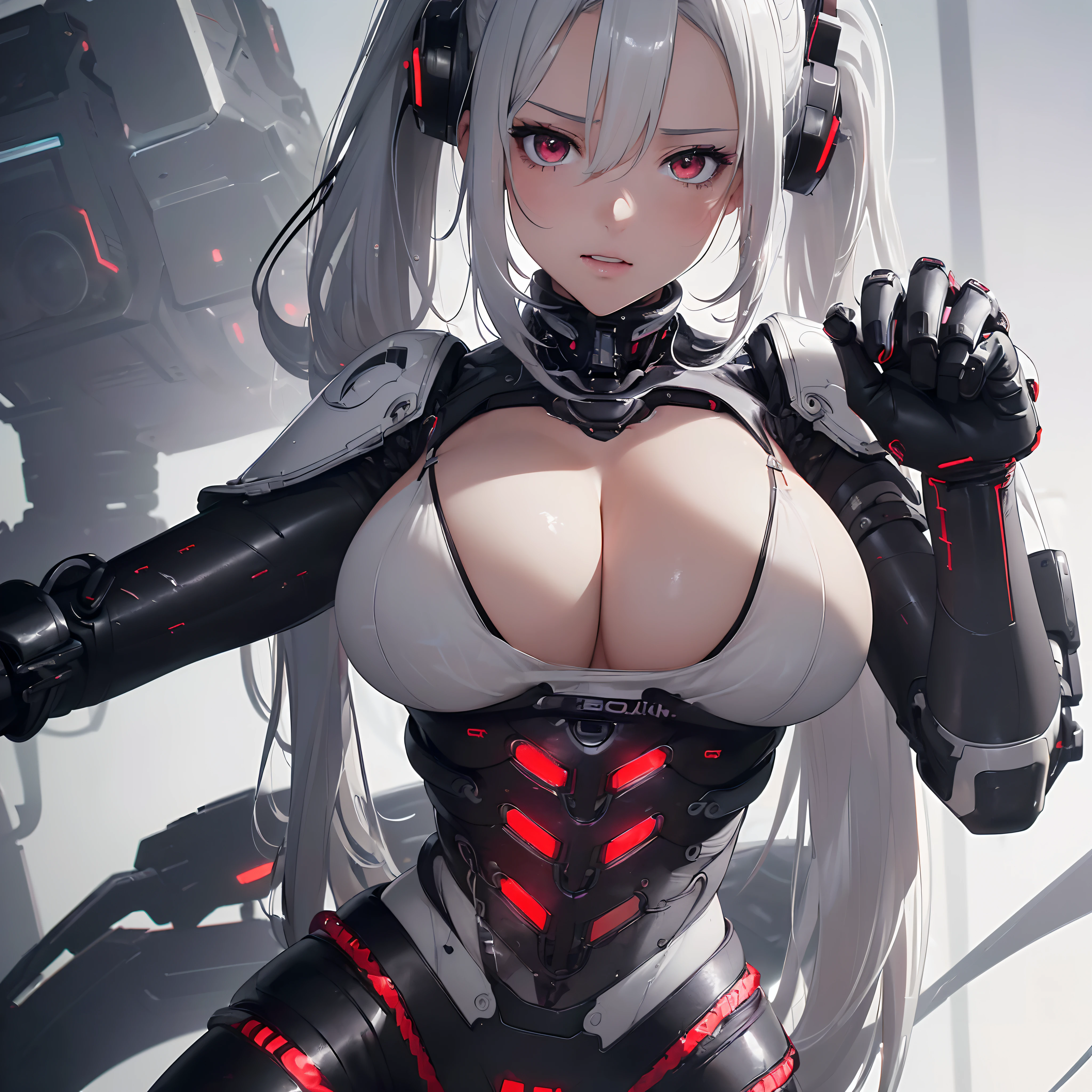 (8K, best quality, illustration, ultra detailed, high-resolution:1.3), (masterpiece: 1.25), ((1 girl)), (large breast), silver hair, red eyes, ponytail, exposed cleavage, showing stomach, (sexy black/white cybernetic lingerie exosuit:1.4), clear facial features, close up, upper body,