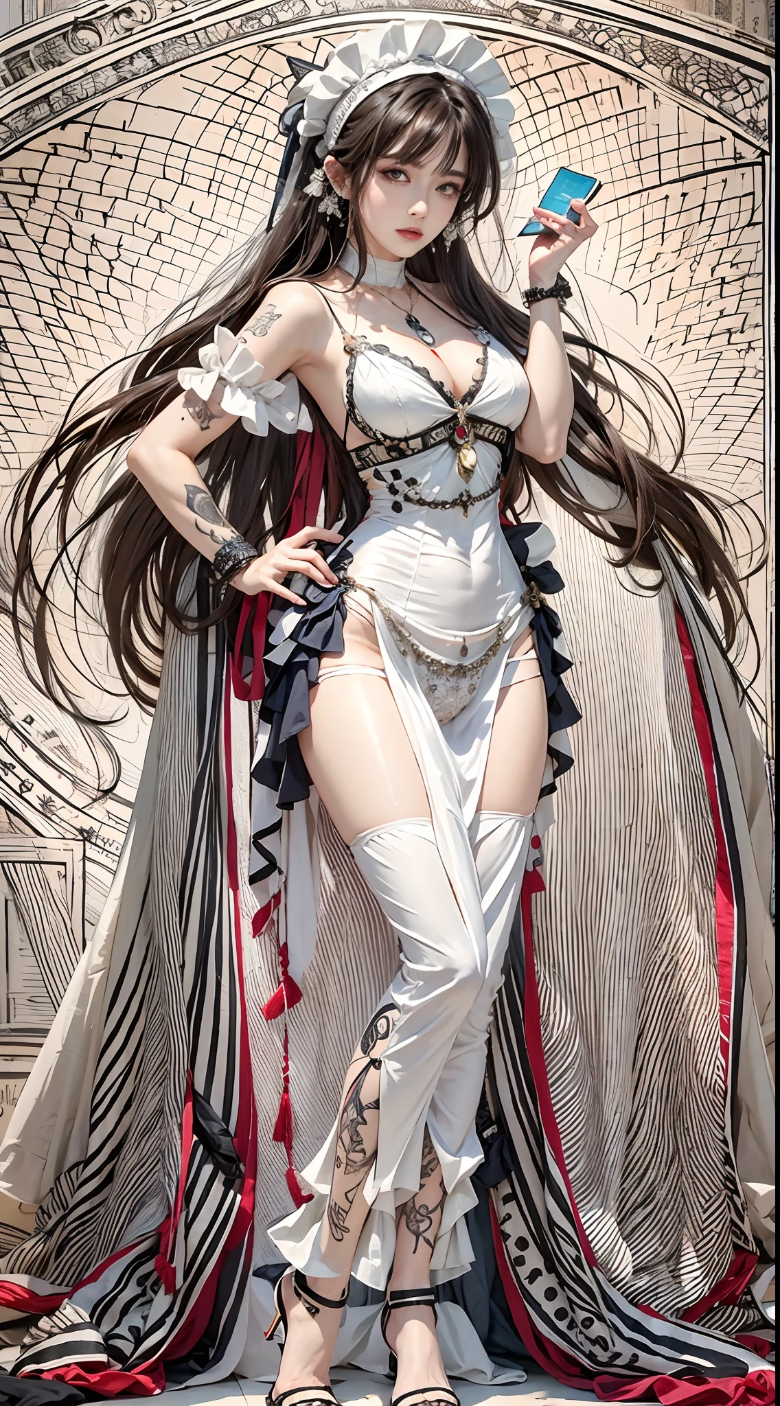 high resolution, 1woman, mature, hips up, Long hair, jewelry, tattoo, maid costume
