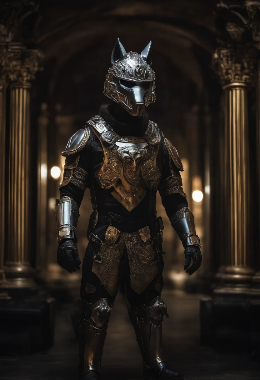 HighestQuali, Dramatic lighting, menacing posture, Fierce expression, Epic atmosphere, (((Wolf head shaped helmet))), (((full body shot of))),Wolf made of metal, droid, cyber punk style, Machinary, ((intricately details)), hdr, ((intricately details, Hippertahado)), Incandescent Lamps, cinema shot, vignet, Baker bokeh ground effect, (Canidae), (full body shot of).