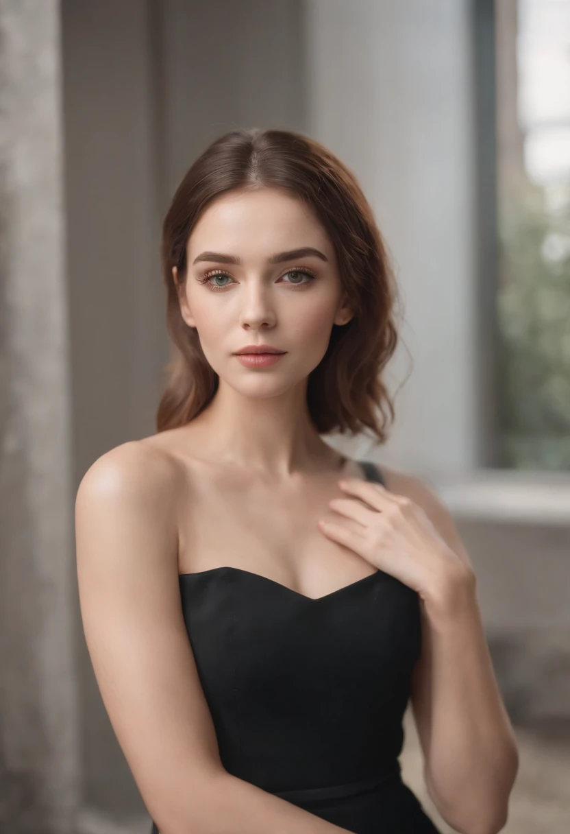 a beautiful woman in a black dress poses with one shoulder, in the style of 8k resolution, warmcore, goosepunk, focus on joints/connections, minimal retouching, handheld, candid  --ar 2:3 --v 5