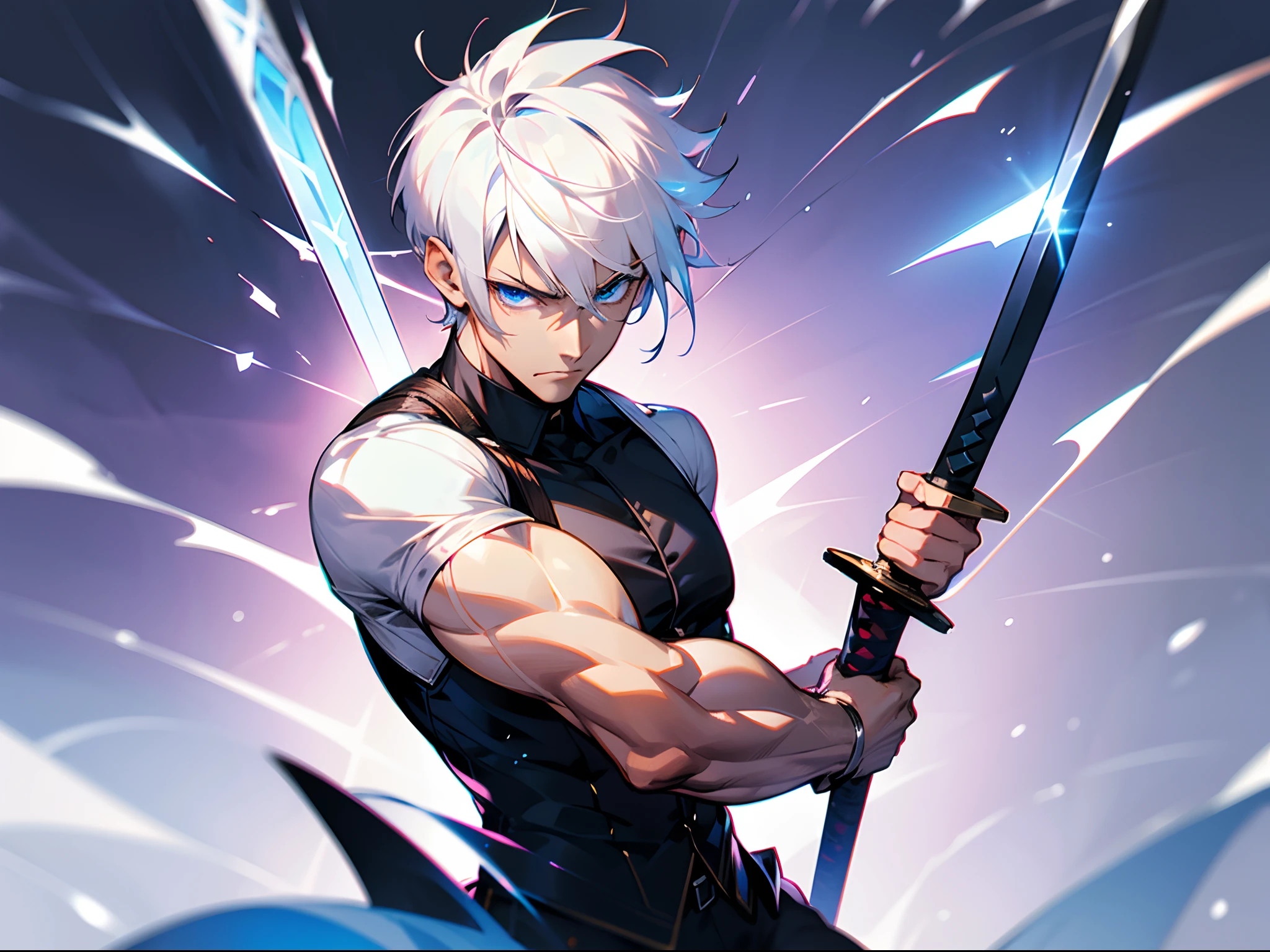 Handsome man , White hair , Short hair , Blue eyes , light skin , muscular, facing the viewer, holding a sword , intensity on his face, ready to fight, wearing a back button up , Solo Character , perfect anatomy
