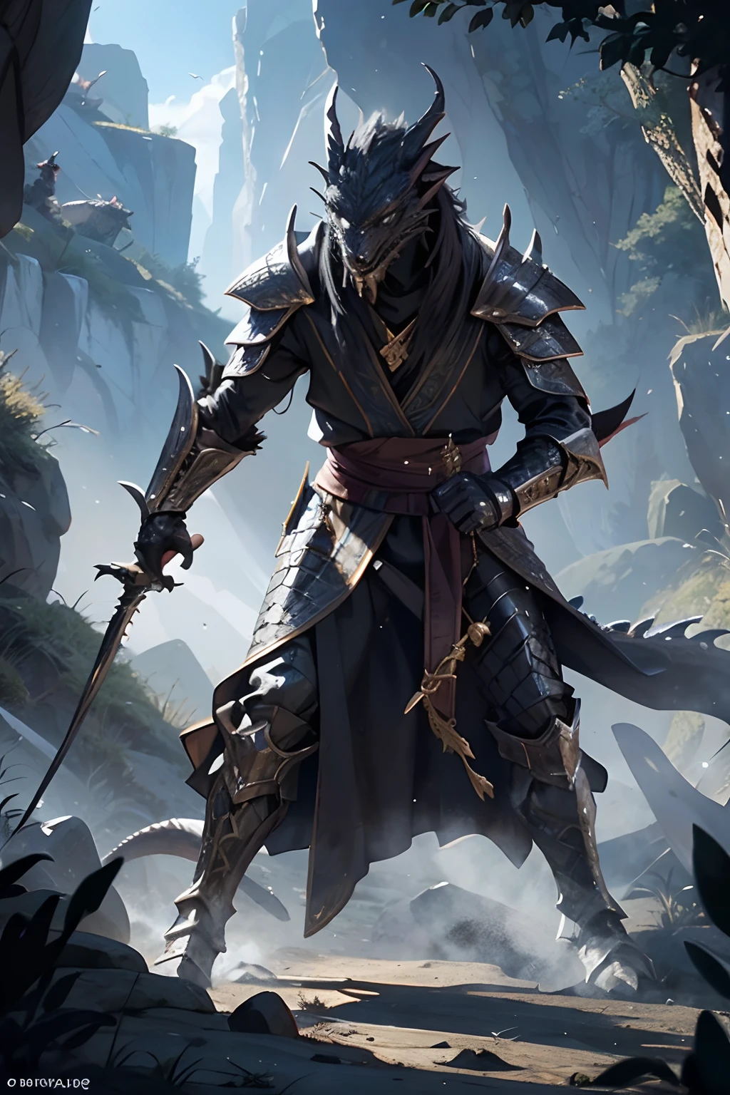 [black] Dragonborn, In a valley, wears a long robe，Light armor，daggers，Long sticks，Combat posture，DND