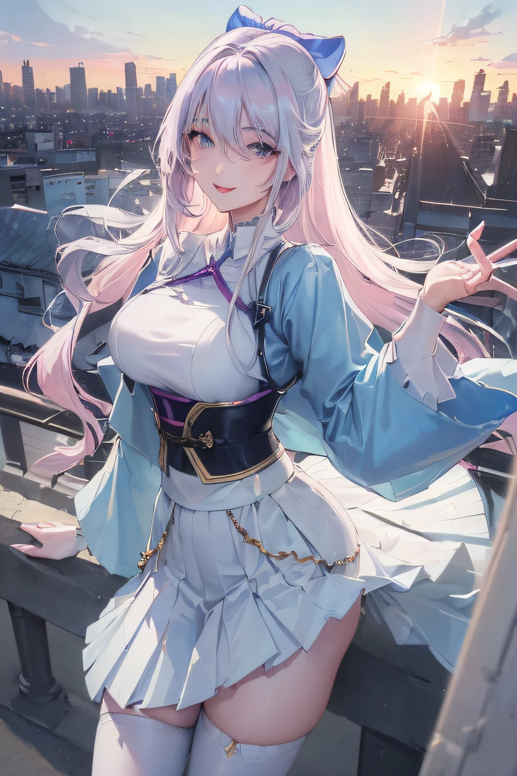 official art, masterpiece, sharp focus, (beautiful gorgeous cute Korean woman:1.3), (beautiful cute korean:1.3), korean beauty, Delicate and beautiful hair and eyes and face, realistic, ultra detailed, beautiful girl, blue sky, glow white particle, (sidelighting:1.2), sun light, white cloud, detailed clouds, slender, Lovely very large breasts and very large hips, smile with teeth, ((smile with eyes, open both eyes)), scenery, long straight hair, sexy facial expression, building, (cityscape:1.7), dynamic hair, long straight hair, detailed platinum pink hair, glow blue eyes, (blue pleated shirts + white skirt), white long socks, pale skin, hair ornament, epic scenery,