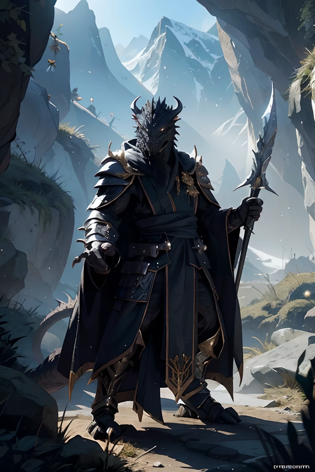 [black] Dragonborn, In a valley, wears a long robe，Light armor，daggers，Long sticks，Combat posture，DND