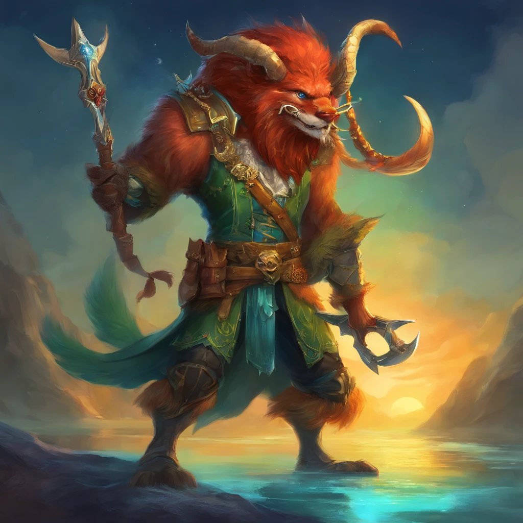 Werewolf, blue pirate outfit, crab-like beard, weird green eyes, yellow fur and red crab-like armor, Masterpiece, Best Quality
