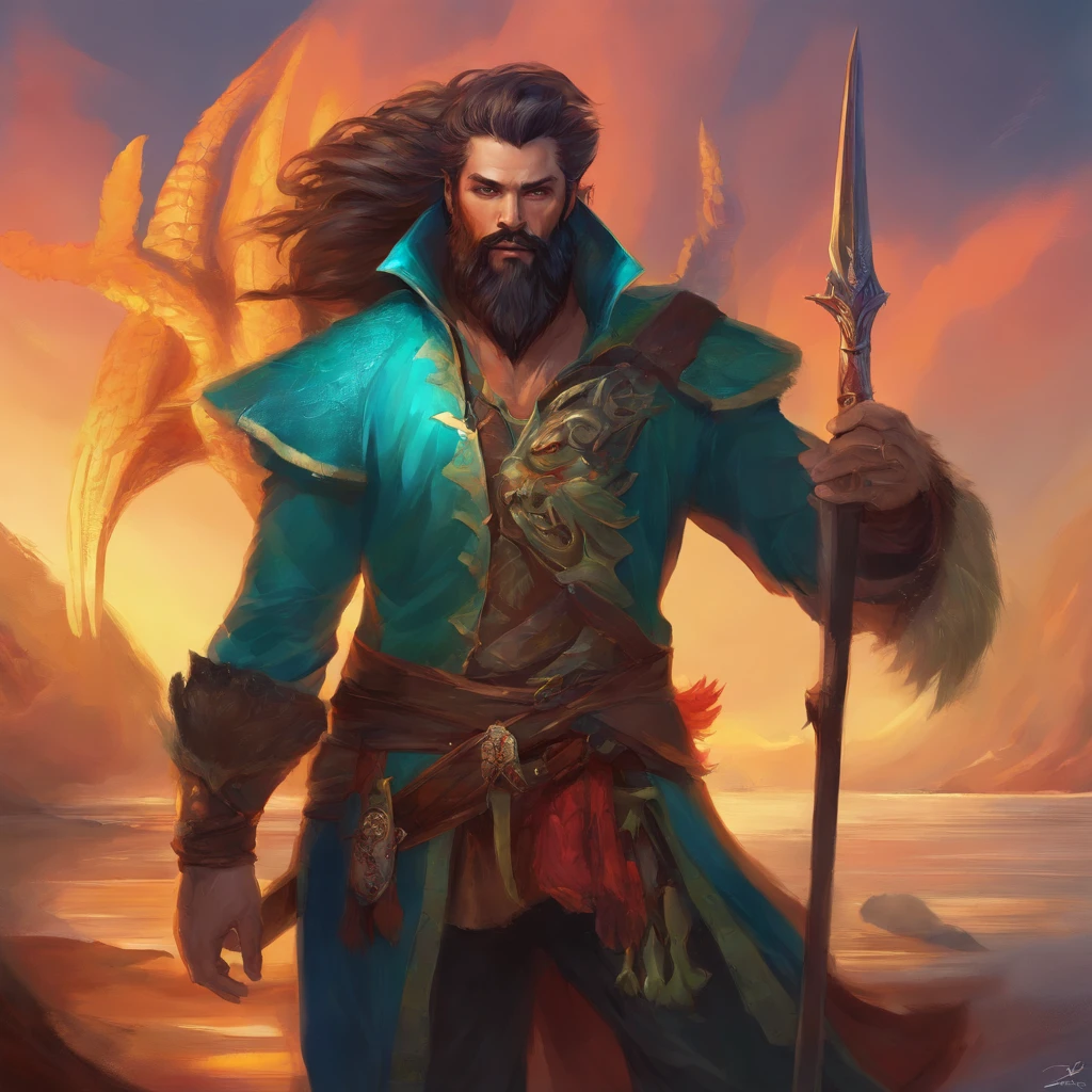 Werewolf, blue pirate outfit, crab-like beard, weird green eyes, yellow fur and red crab-like armor, Masterpiece, Best Quality