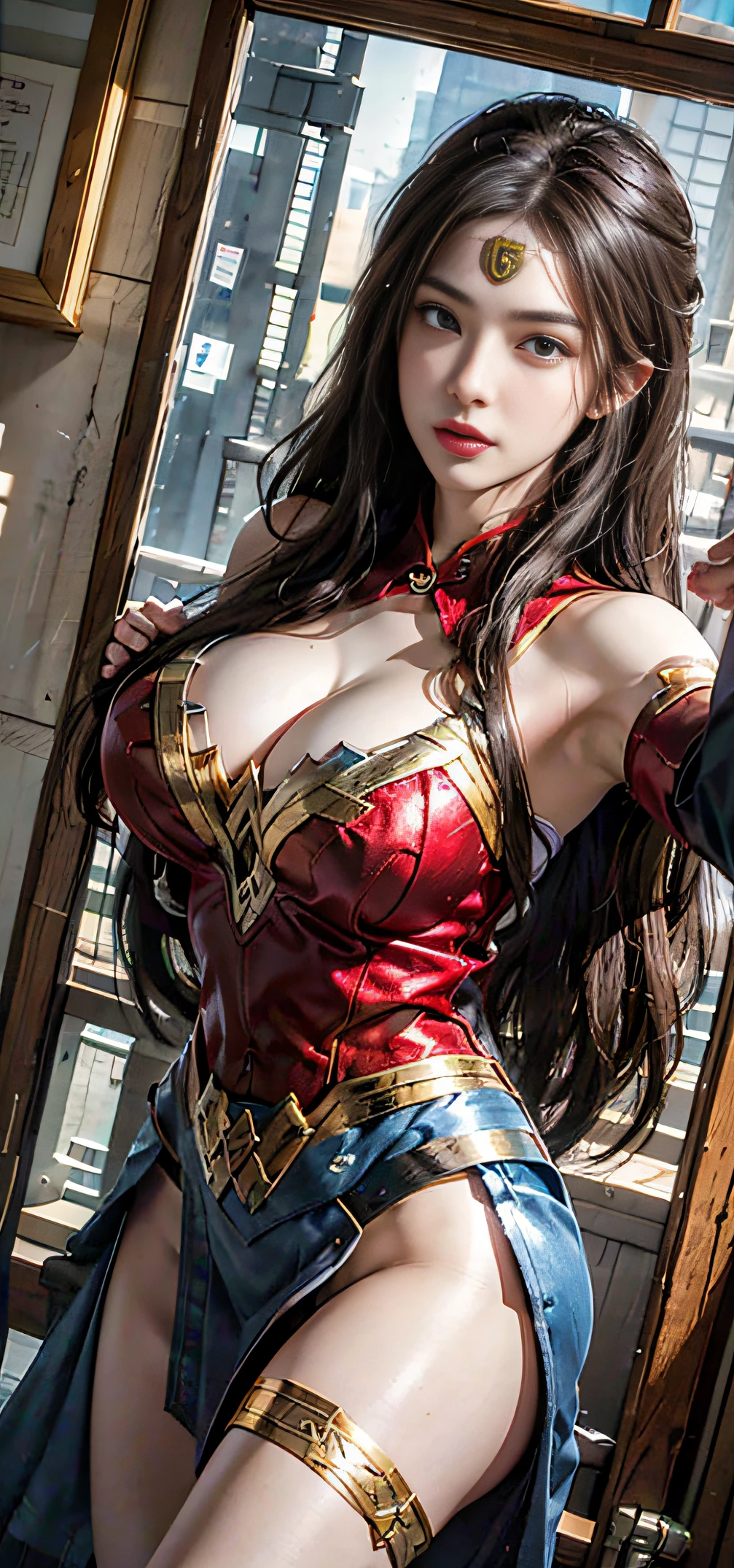 a cartoon picture of a woman in a bra, trending on pixiv, tachisme, selfie!!!!!, wide screenshot, discord emoji, sakura kinomoto, Photorealistic, high resolution, Soft light,1womanl, Solo,, view the viewer, (Detailed face), Long hair, Beautiful girl, Red transparent cheongsam, 比基尼,east asian architecture,architecture, tattoo, jewelry,long leges,Big breasts Thin waist,Buttock augmentation,huge-breasted,Bare breasts,Bare genitalia,,Wonder Woman uniform,Gold wire embroidery