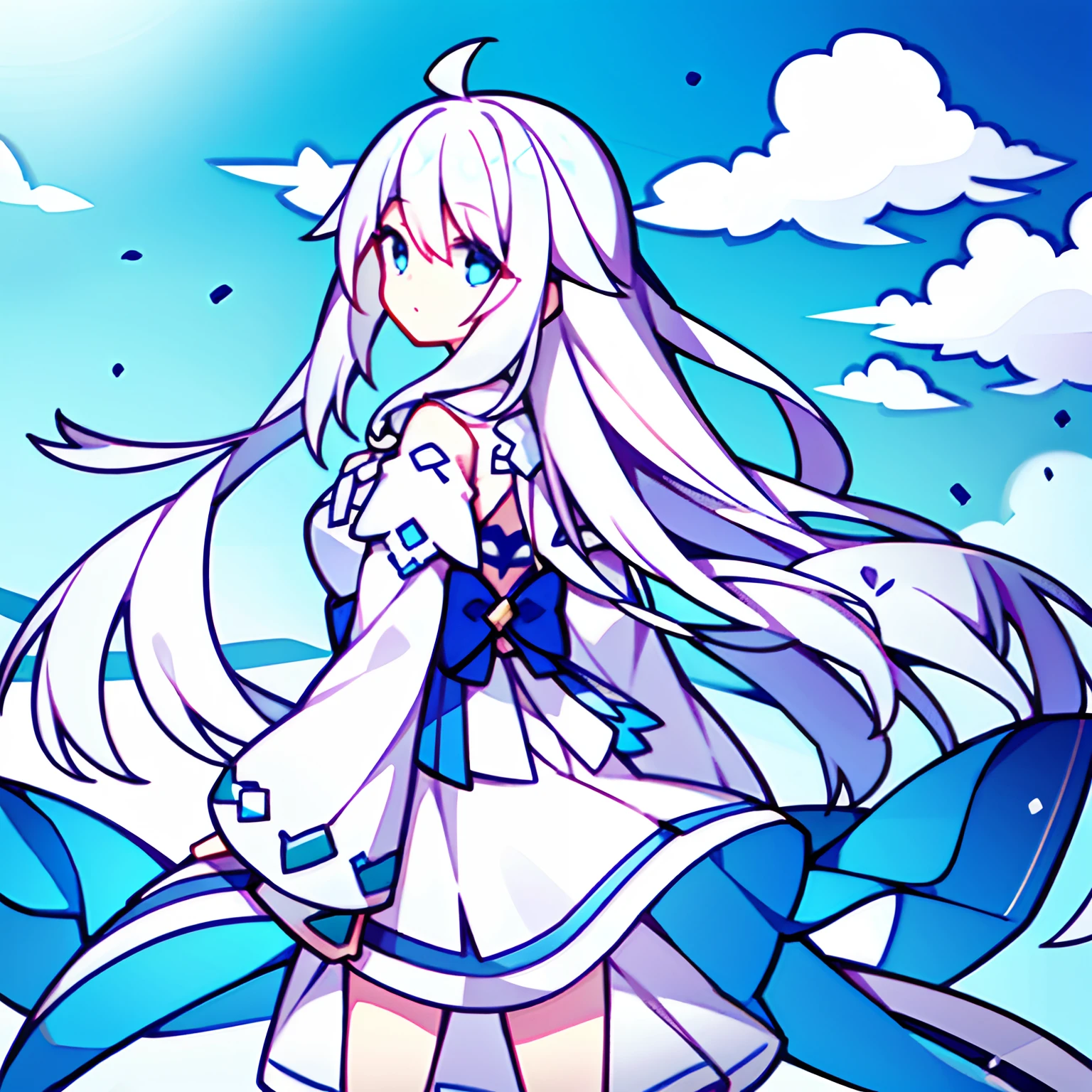 Draw a white-haired girl's,beautiful sky