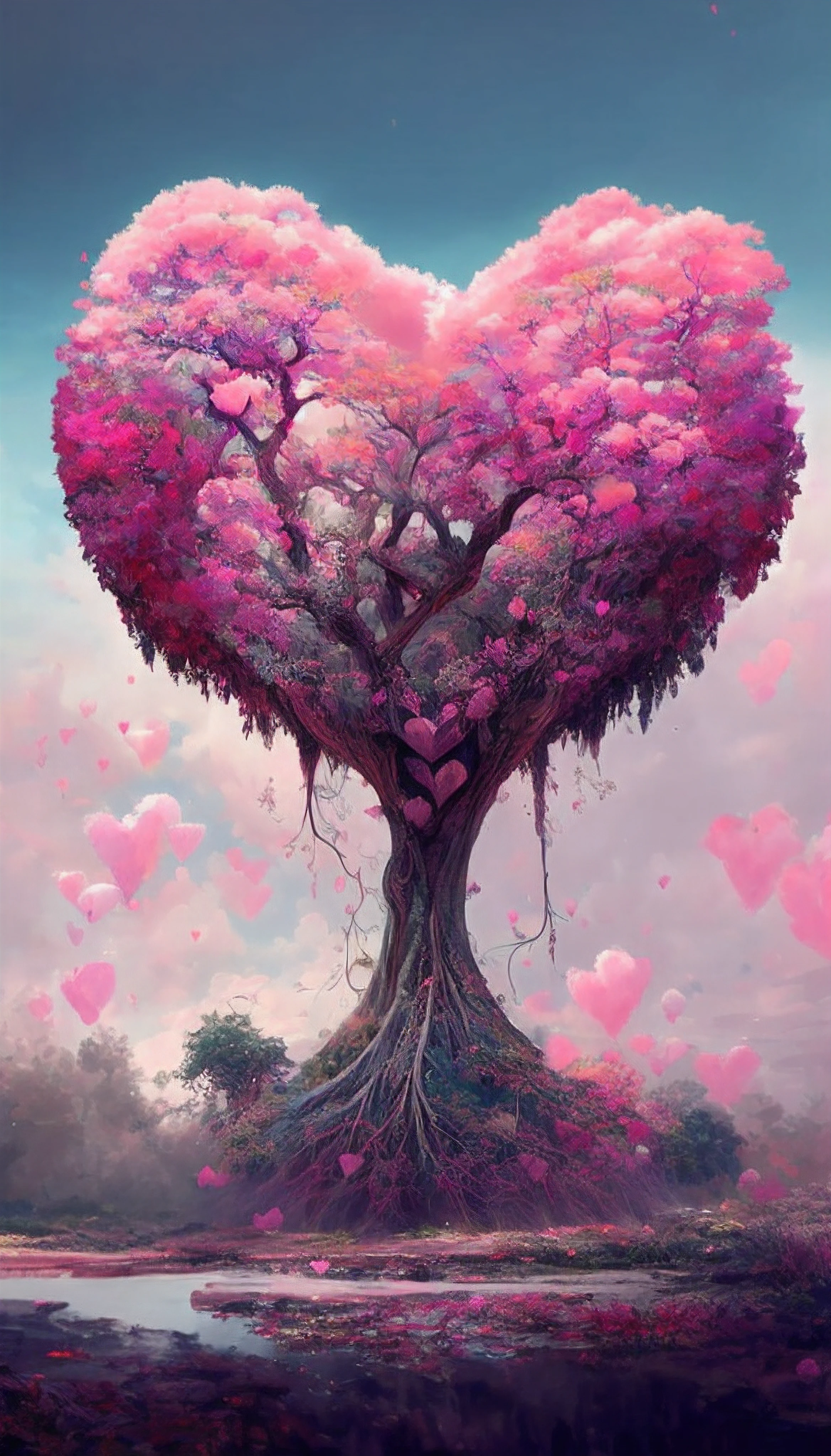 a painting of a tree with a heart shaped trunk, fantasy tree, magical tree, breath-taking beautiful trees, breath - taking beautiful trees, concept art of love, beautiful digital artwork, beautiful art uhd 4 k, pink trees, the tree of life, cotton candy trees, beautiful digital art, magic tree, dreamy art, tree of life, beautiful art