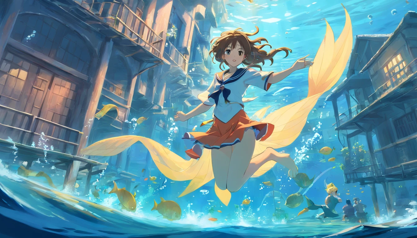Underwater city　karo　mermaids　Underwater city　Nagi's Askara　karo　Medieval Europe　borgar　In the water　a sailor suit　Fighting Girl