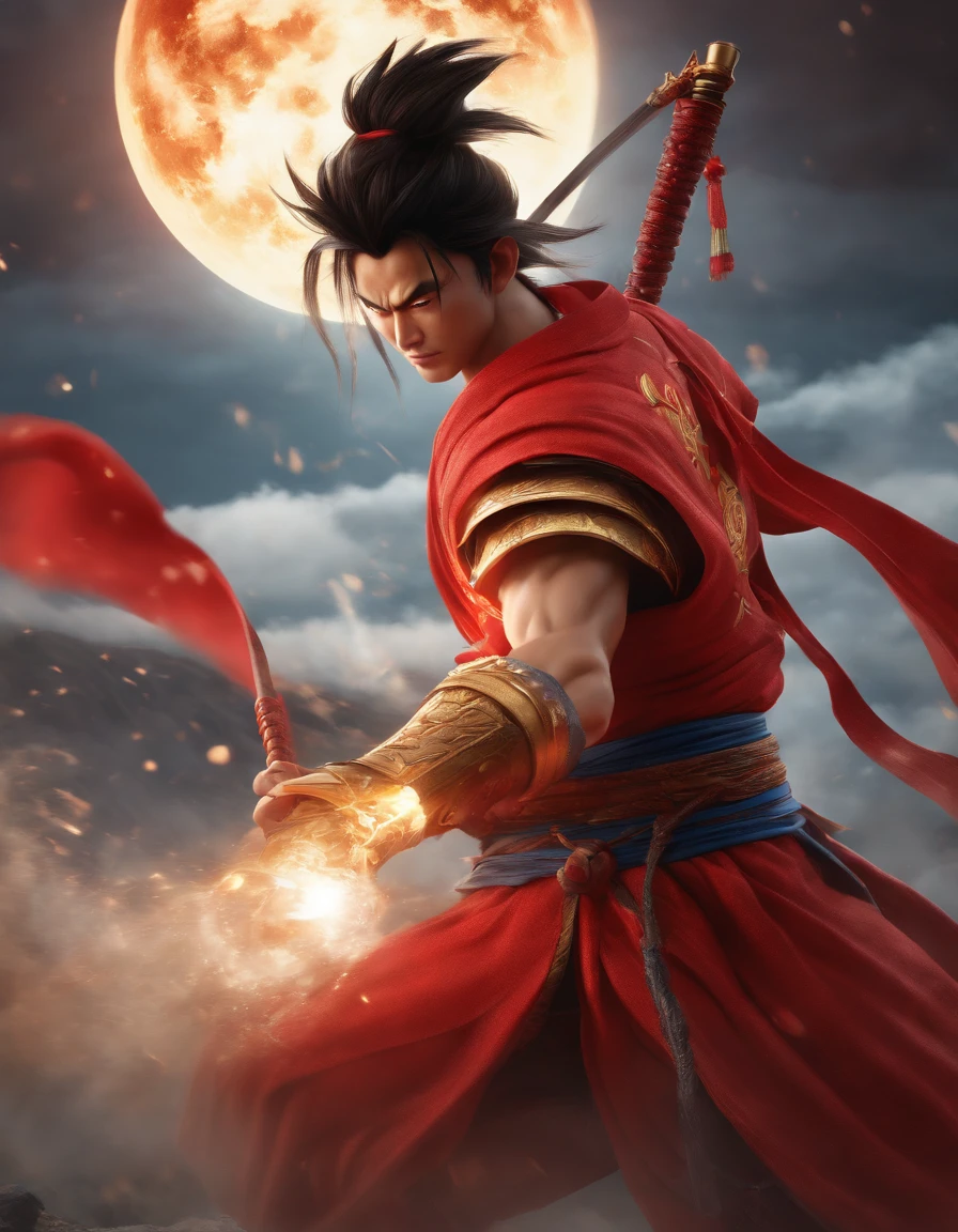 Goku as Chinese warrior in red robe, Dynasty warrior style, Delicate and gorgeous CGI anime style, Luffy, 8K highly detailed digital effect fantasy, cgsociety 9, epic digital art illustration, and Mumford and Alex Gray style, Bio-luminescence