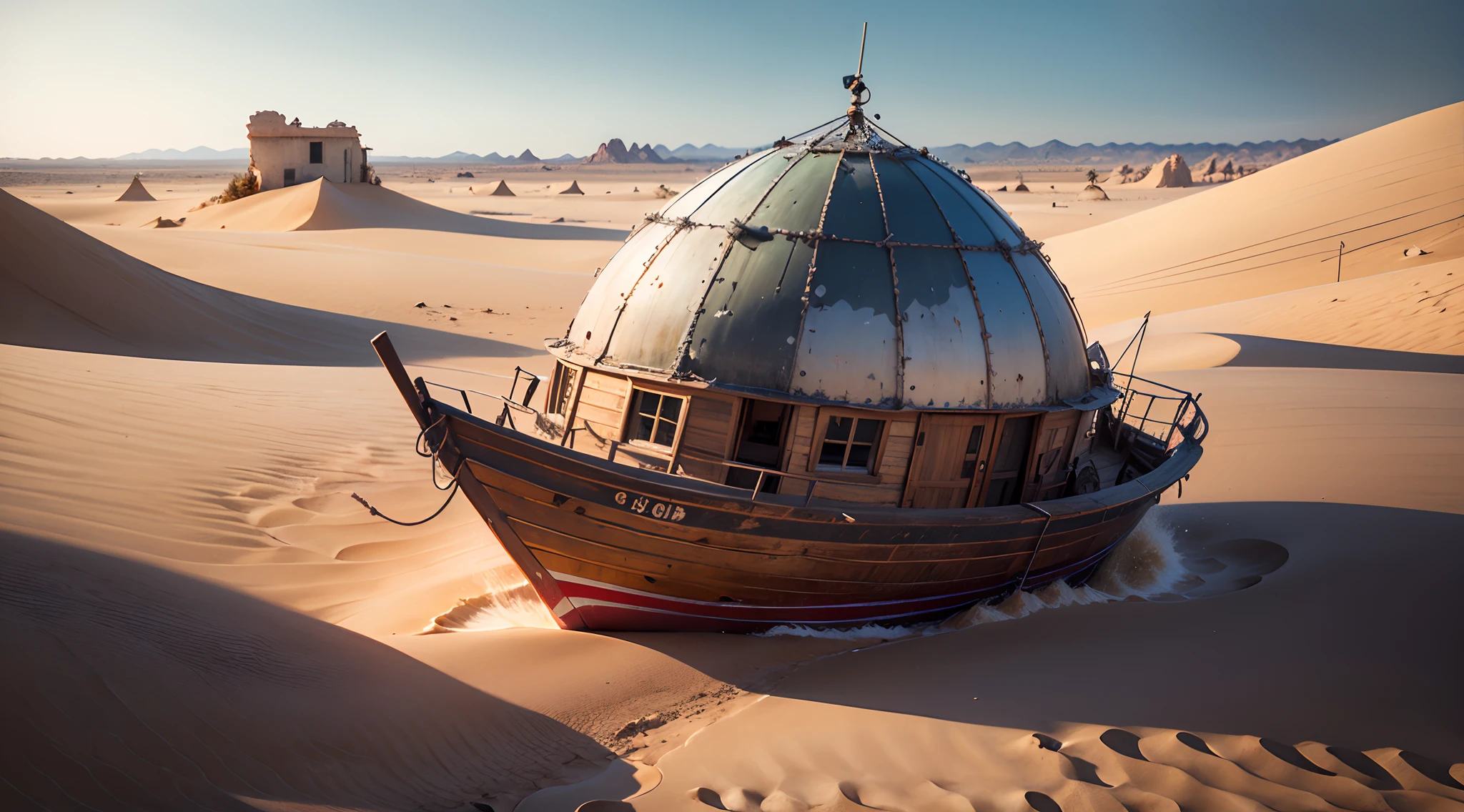 On an island in the middle of the ocean, An old rig stranded in the sand (leaning to one side, Fallen sail, broken mast), Sand as far as the eye can see, Desert without waters. Second plan : A green island in the center, oasis de palmiers verts vibrants, chaud, Scorching sun, animal skeletons scattered on the sand, os d'animaux, sable, aucune vie. vue d'ensemble (Best quality, 6k, high resolucion, master piece:1.2), Ultra-detailed, Realstic:1.37, Hdr, couleurs vives, mise au point nette, professionnel, Portraits, paysage, Bokeh.