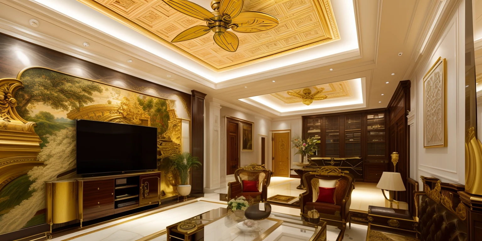there is a living room with a ceiling fan and a large painting, simple ceiling, high ceiling, wooden ceiling, interior living room, high end interior, rounded ceiling, highly detailed interior, tall ceiling, elegant render, high ceilings, neo - classical style, interior architecture view, elegant and extremely ornamental, elegant and ornate, ornate and flowing, neo - classical