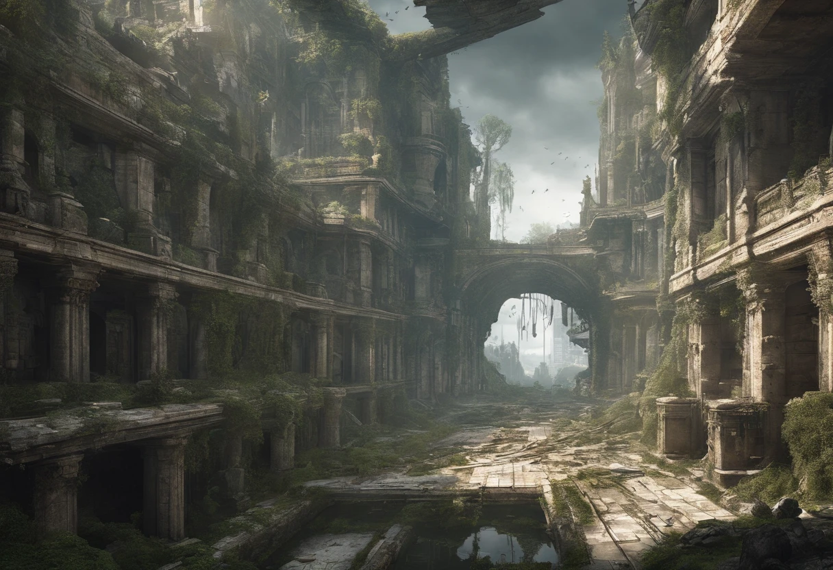 floating island, Decaying ruined cities and land in the sky, where once a prosperous city was formed, but the buildings made of stone and wood have decayed and are dominated by the life force of plants and trees. Collapsed and collapsed buildings, Collapsed roof, Ancient ruins, uninhabited, a paradise for birds, Artificial fountains, overhead view from a distance, angles from the sky, fantasy worlds,