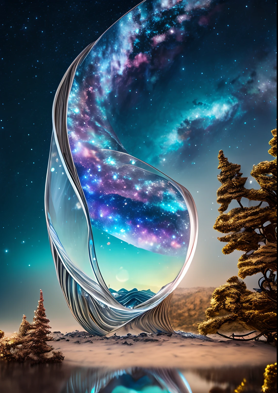 Complex clear glass interstellar nebulae [pine] Statues made of galaxies,  Flora and fauna,  Hyper-Realistic,  ultra-detail,  Elegant,  Beautiful head...,  1 Tail