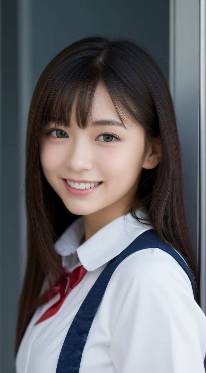 Very detailed 8k wallpaper)、foco nítido、In detail、drama、Delicate and beautiful girl、white shirt、Navy blue ribbon at the collar、Dark blue pleated micro mini、、sexy、a smile、Peek at the viewer、Beautiful graphics、Bright school building、Show me your whole body、small tits、。