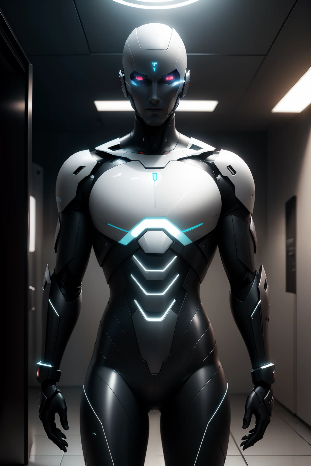 Dramatic, Ultra realistic translucent android without eyes, sem nariz, sem boca, e suave, Futuristic Design,  com uma figura Masculina, muscoloso, feito de metal, Linhas brilhantes em seu corpo,  suave e futurista, sem olhos, sem nariz, sem boca, elegante e bonito,  Scifi, design futuro, dramatic lighting, NFFSW, Ray-tracing