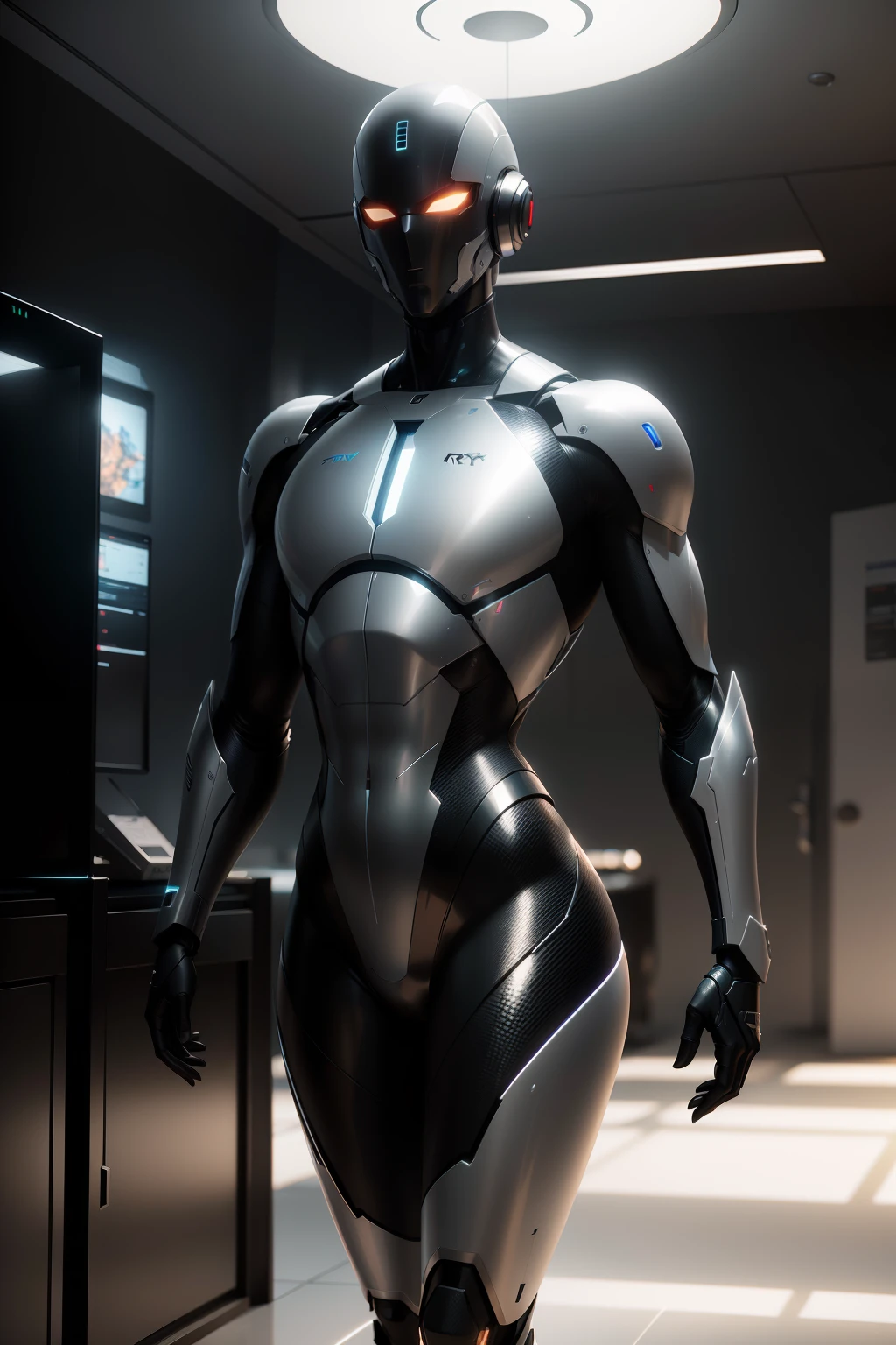 Dramatic, Ultra realistic translucent android without eyes, sem nariz, sem boca, e suave, Futuristic Design,  com uma figura Masculina, muscoloso, feito de metal, Linhas brilhantes em seu corpo,  suave e futurista, sem olhos, sem nariz, sem boca, elegante e bonito,  Scifi, design futuro, dramatic lighting, NFFSW, Ray-tracing