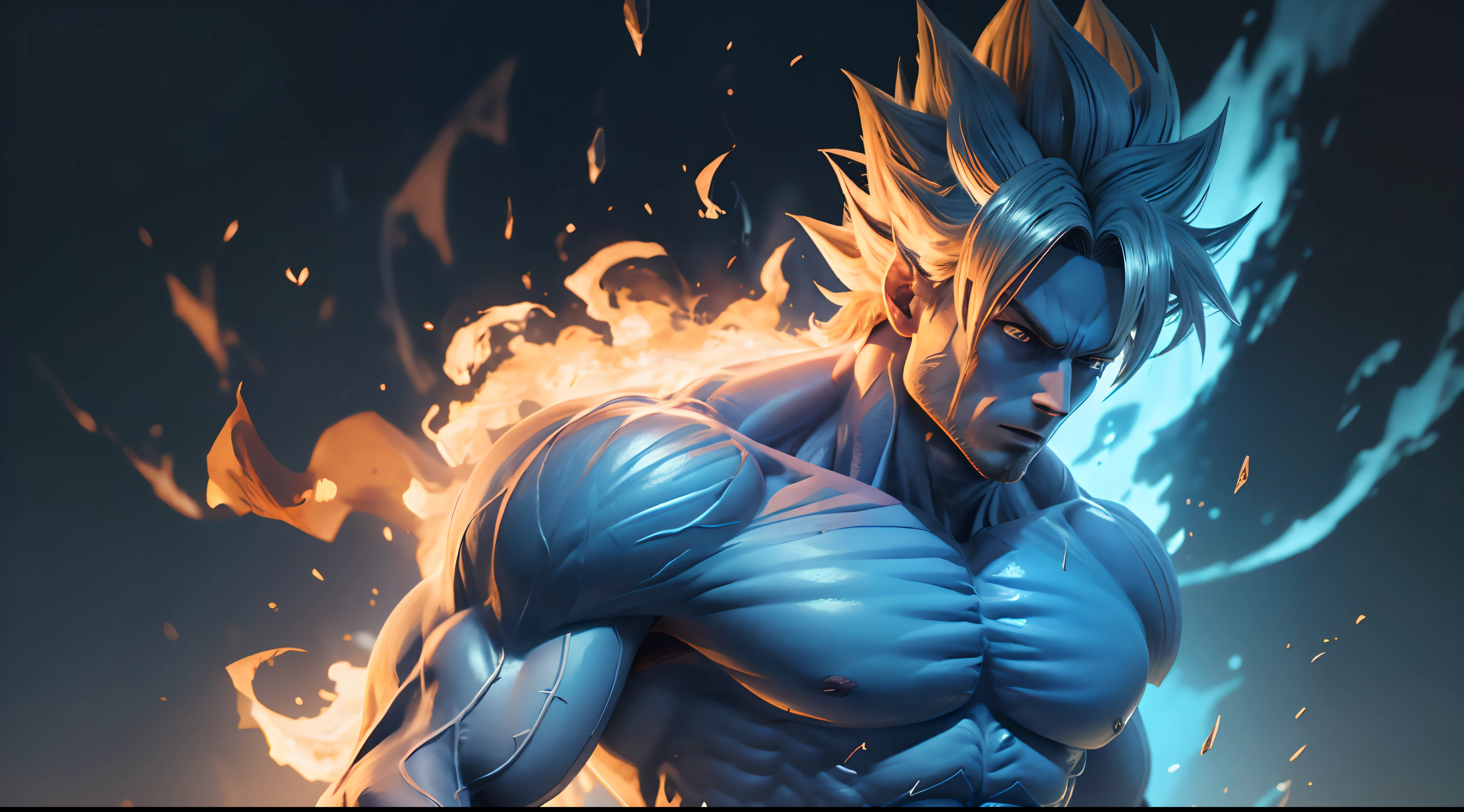 a highly detailed digital illustration of goku in super saiyan blue form, angry expression, muscular build, dynamic pose, glowing aura, dramatic lighting, cinematic composition, hyper realistic, 8k, photo-realistic, masterpiece, cinematic lighting