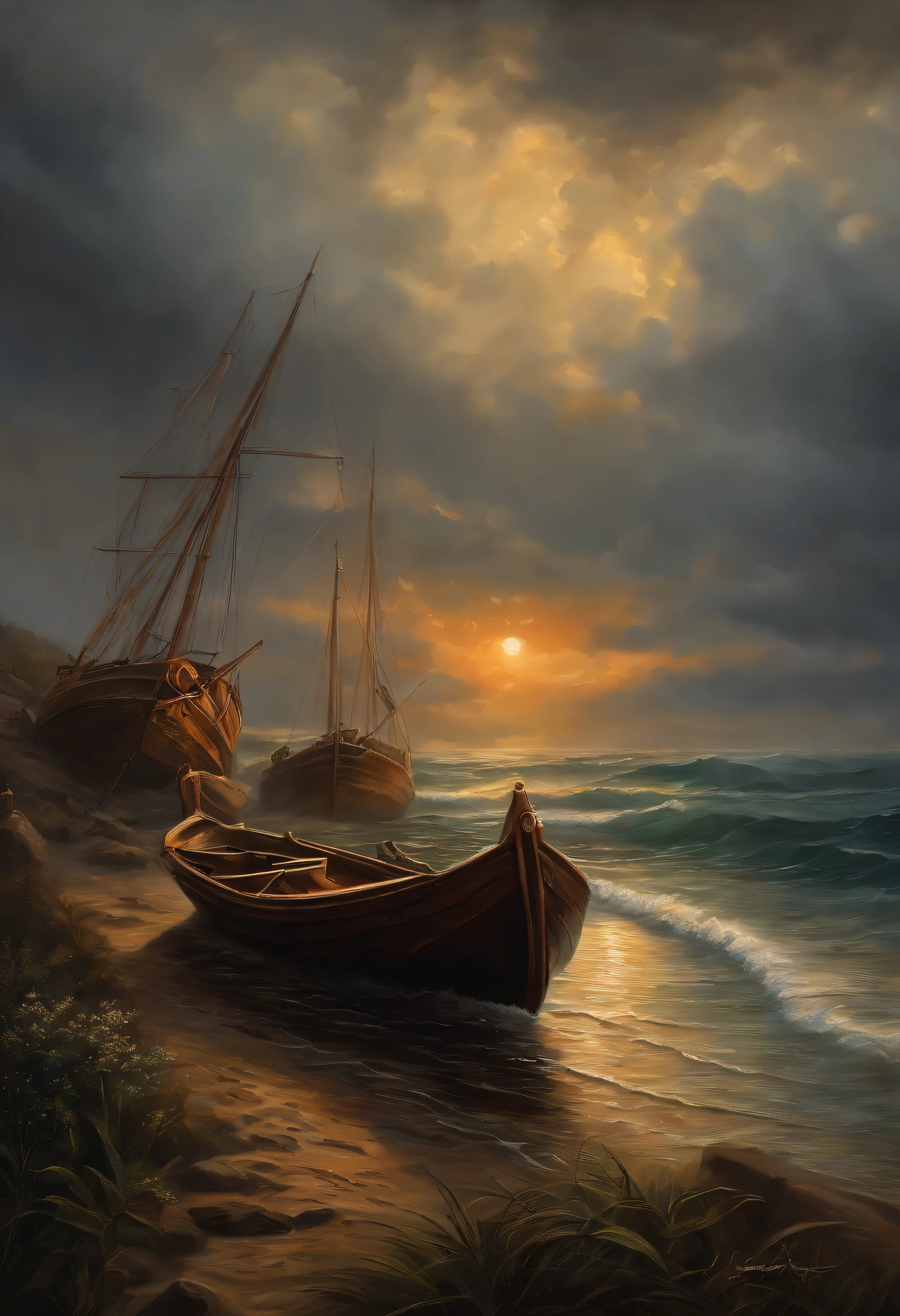 Real picture((Oil paints ))Landscape painting,acrycle painting,Brush strokes,With unparalleled realism,ultrawide,ominous skies,Sail ships,Wooden boats,Lotus,Huge waves,Starry night,Harry Potter,voluminetric lighting,Clearing,Realistic,james gurney,art stations,((Paint with oil painting))