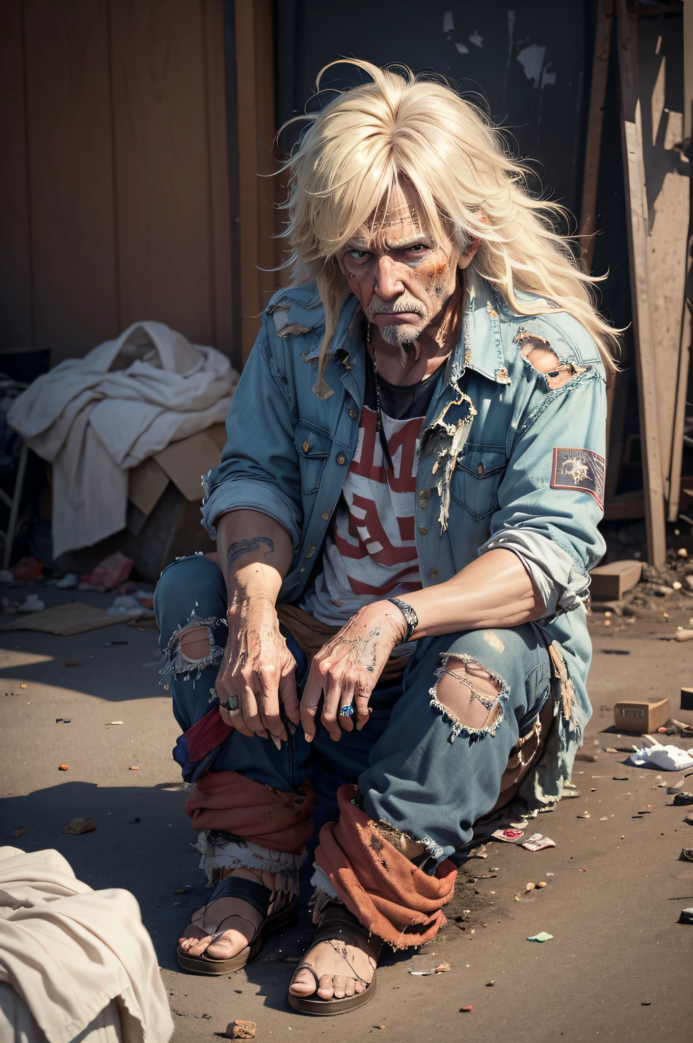 U.S. President Donald Trump looks old, Donald Trump, 85 years old, Donald Trump looks like a beggar, Donald Trump looks homeless, (dirty clothes:1.4), (torn clothing:1.5), (rags:1.5), (Messy hair:1.4), (dirty face and hands:1,5), foto realista, Nikon D7000, ISO 120, Garbage dump in the background, Garbage dump in the background
