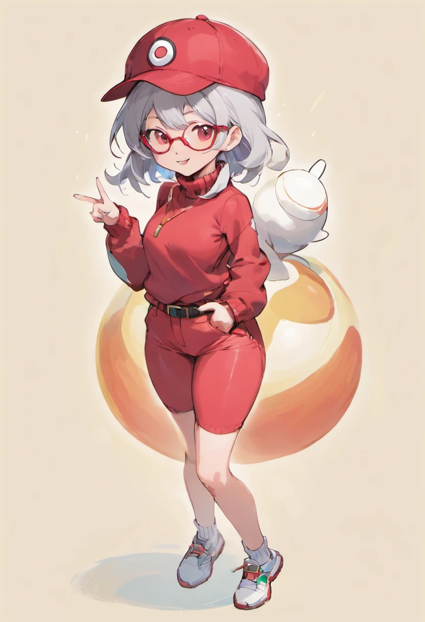 Grinning face,Baseball Cap,Red Baseball Cap,Left hand on hip, right hand extended forward and fingers pointing,white short pants,deph of field,tussock,Turtleneck knitwear,Red glasses,Hi-Res, 1womanl,Pose with your right arm stretched forward, 独奏,Holding a Poké Ball in Your Hands, grey eyes, white hair, Red glasses,Red Baseball Cap, Red knitted turtleneck with long sleeves, White shorts, a belt, Bad face, Stick out the arm holding the poké ball, put hands on the hip,