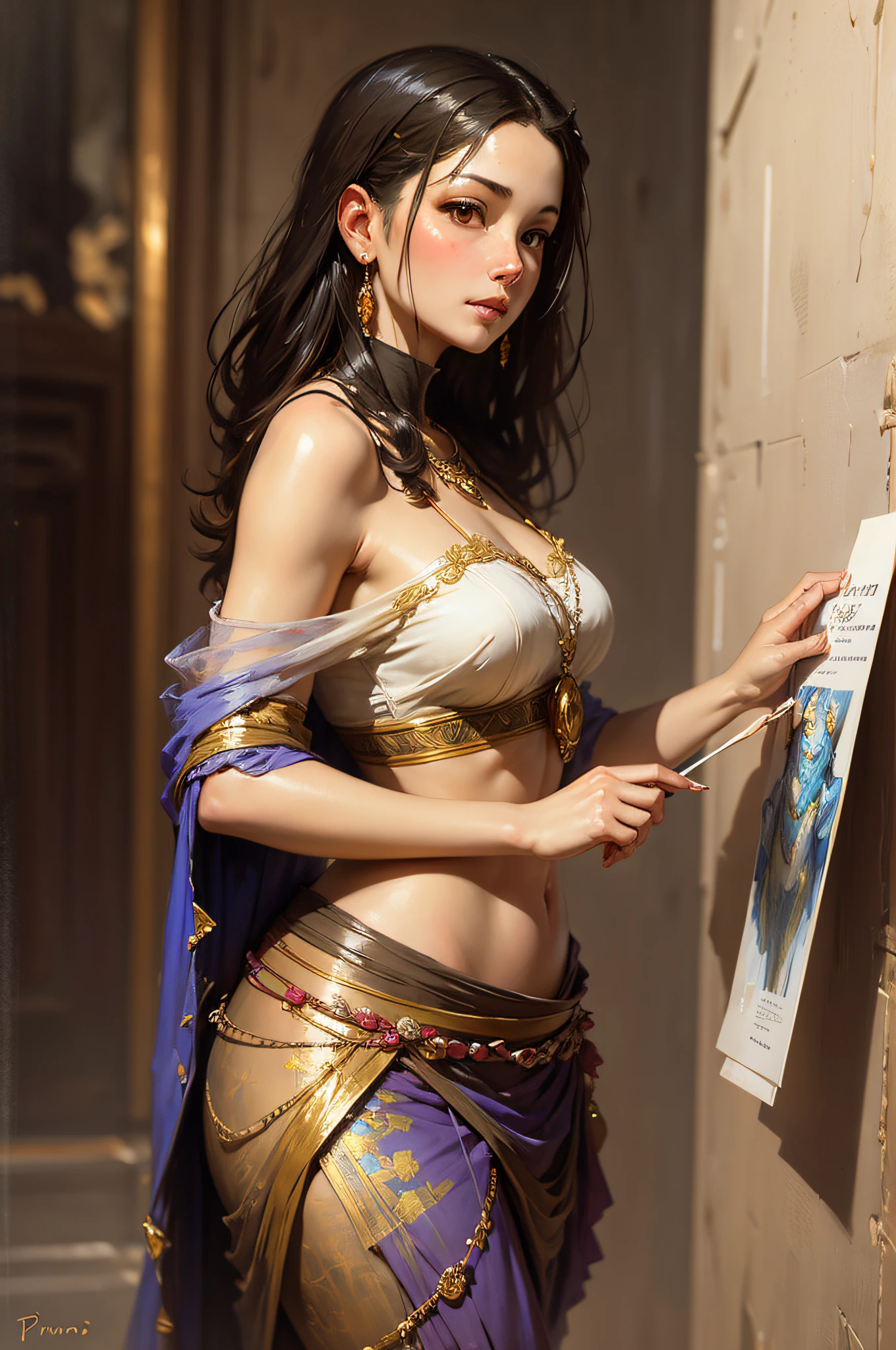 (Masterpiece - Illustrations - Detailed - Best Quality)) - Anime Style - Genshin Impact Style - 1 Woman - Full Body - woman Mexican - Aztec - hatless - Long Black Hair - Dark Brown Skin - Stunning Look - Traditional Mexican Clothing - Mexican traditional Skirt - ( (Naked torso)) - topless - exposed breasts - small hanging breasts - nipples - covered by subtle tufts of hair - pink Mexican fabric sash - sash from waist to abdomen - closed sandals - gold bracelets, earrings and necklaces - presence impressive - flower petals in the environment - inspired by the mexican adelitas