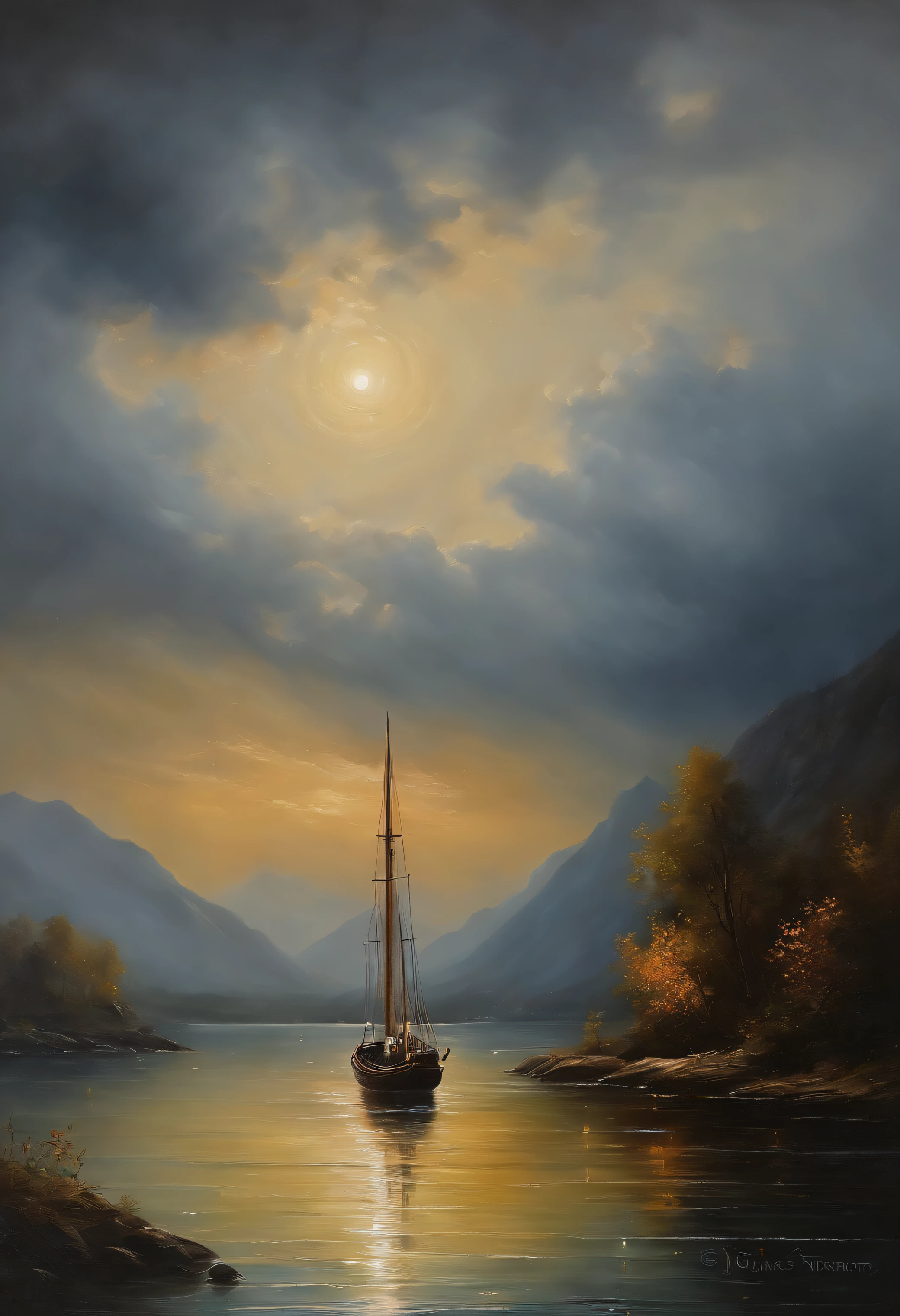 Real picture((Oil paints ))Landscape painting,acrycle painting,Brush strokes,With unparalleled realism,ultrawide,ominous skies,Sail ships,Wooden boats,Lotus,Huge waves,Starry night,Harry Potter,voluminetric lighting,Clearing,Realistic,james gurney,art stations,((Paint with oil painting))