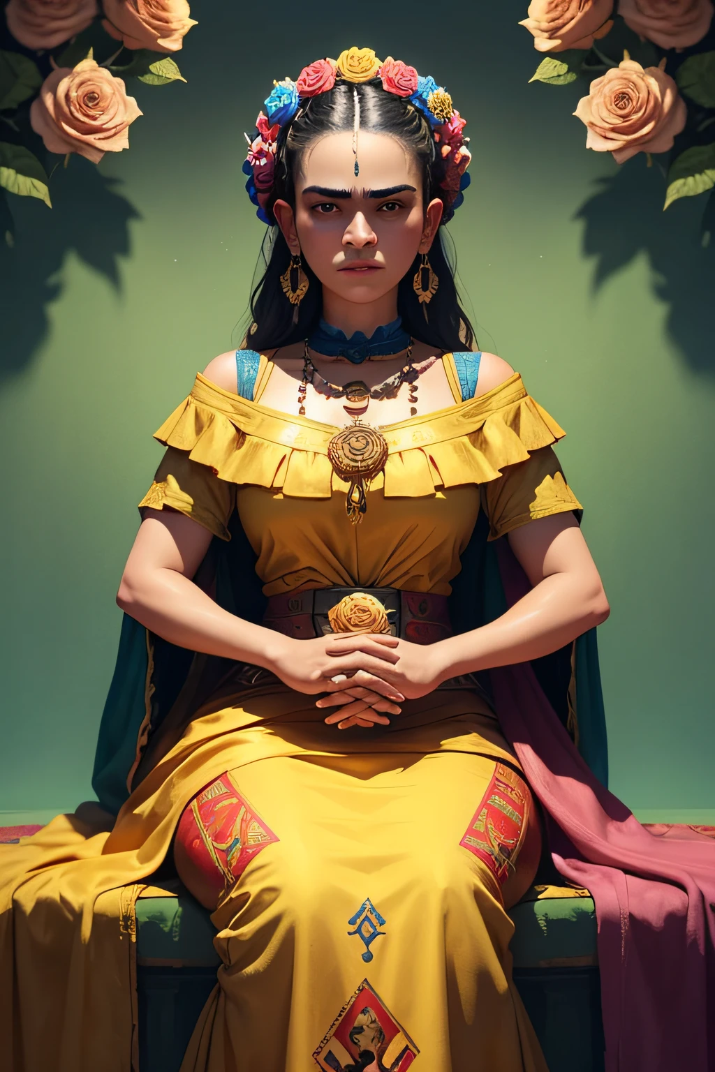 Can you illustrate a tarot card with Frida Kahlo and make her seem like a goddess with gold border with rich color. Mexican dress and flowers around her as a goddess