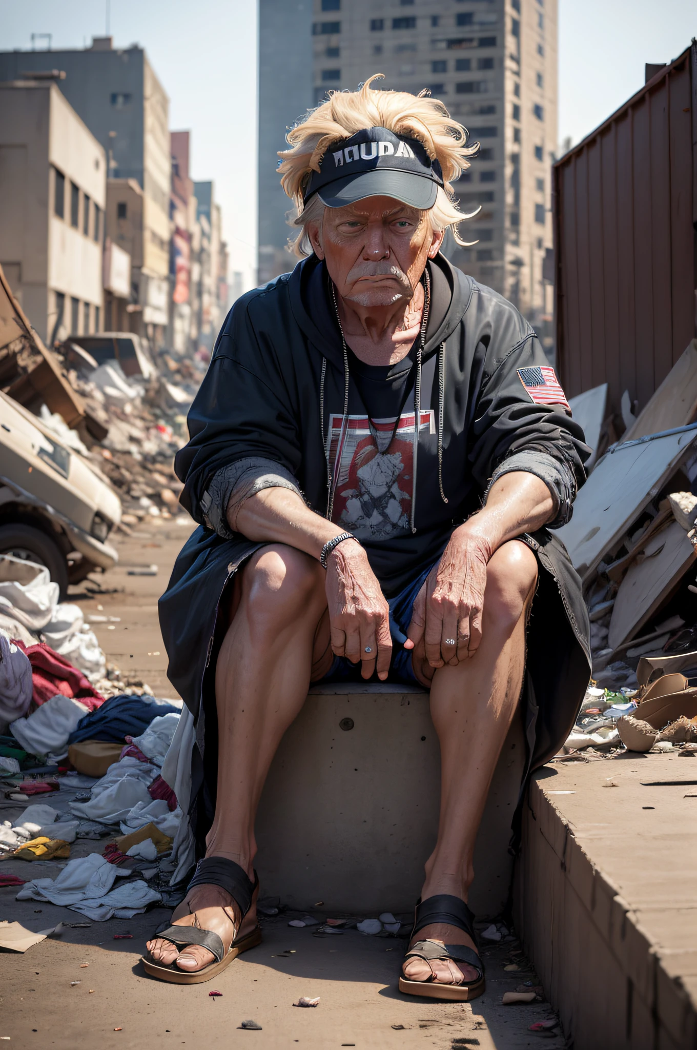 U.S. President Donald Trump looks old, Donald Trump looks like a beggar, Donald Trump looks homeless, (Ridge clothes:1.4), torn clothing, (rags:1.2), Messy hair, foto realista, Nikon D7000, ISO 120, Garbage dump in the background, Garbage dump in the background