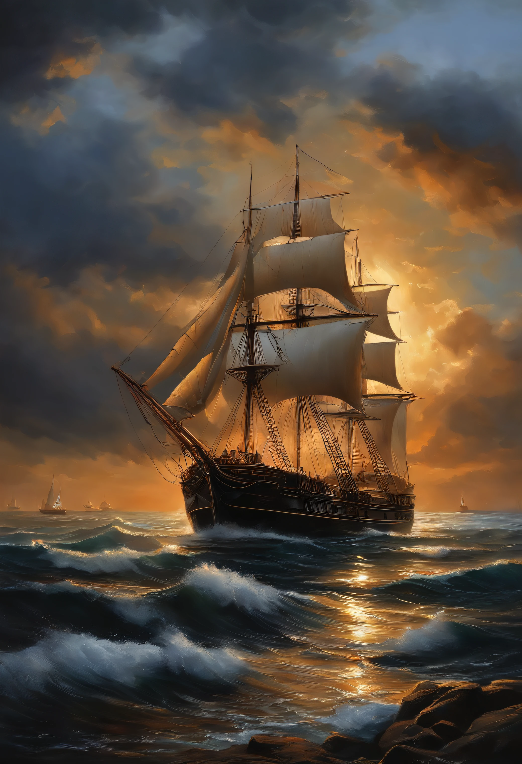 Real picture((Oil paints ))Landscape painting,acrycle painting,Brush strokes,With unparalleled realism,ultrawide,ominous skies,Sail ships,Wooden boats,Lotus,Huge waves,Starry night,Harry Potter,voluminetric lighting,Clearing,Realistic,james gurney,art stations,((Paint with oil painting))