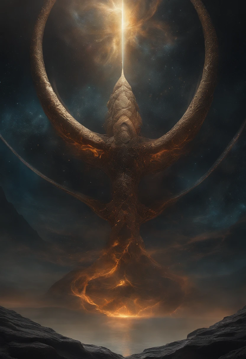 In the dimension of a stellar collision, The legendary Orok serpent became the embodiment of the wrath of heaven. Its body is a symphony of bright colors, Reflecting the birth of a star. Its eyes are burning with cosmic fire, Energy tendrils are、It surrounds its shape like an ethereal lightning bolt. The presence of the eight-headed snake is both awe-inspiring and frightening, Because it harnesses the power of the universe itself, In the cosmic vortex, Galactic Spiral、Where stars explode, The serpent reigns supreme, epicd, cataclysmic, And beyond, The Power to Awaken the Powers of Heaven. Style: ultra realistic digital painting,Dynamic interaction with intricate details and colors.performing: Rendered in a surreal style, Uses advanced digital technology、Capture complex interstellar environments and snake celestial energy,