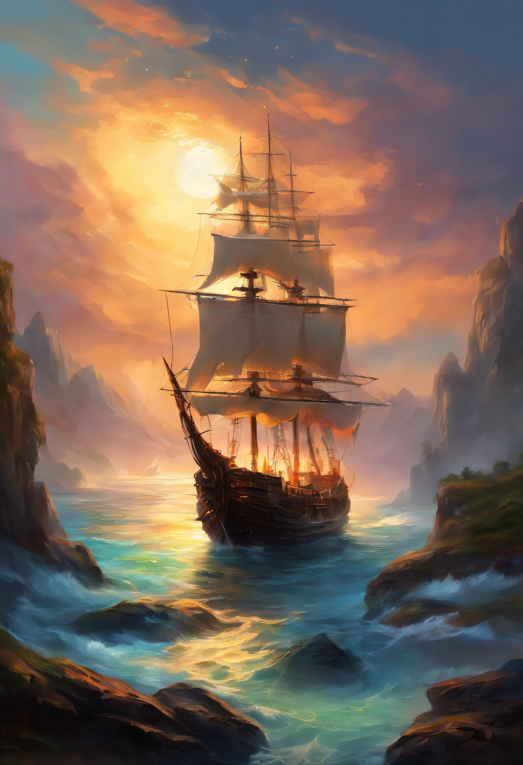 Real picture（（Oil paints ））Landscape painting,acrycle painting，Brush strokes，With unparalleled realism,ultrawide,ominous skies,Sail ships,Wooden boats,Lotus,Huge waves,Starry night,Harry Potter,voluminetric lighting,Clearing,Realistic,james gurney,art  stations，（（Paint with oil painting））