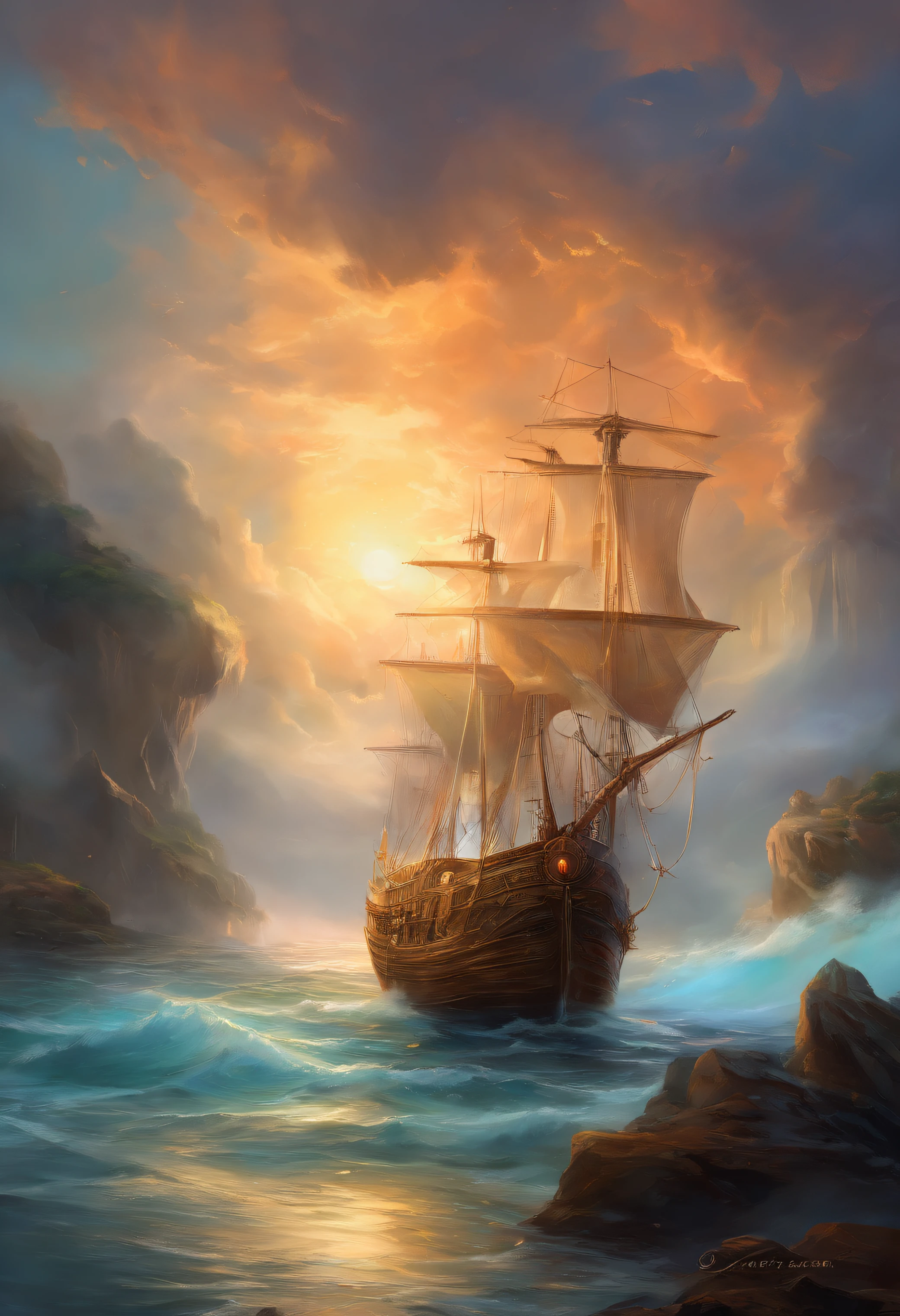 Real picture（（Oil paints ））Landscape painting,acrycle painting，Brush strokes，With unparalleled realism,ultrawide,ominous skies,Sail ships,Wooden boats,Lotus,Huge waves,Starry night,Harry Potter,voluminetric lighting,Clearing,Realistic,james gurney,art  stations，（（Paint with oil painting））