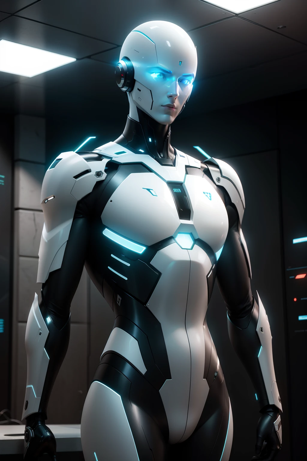 Dramatic, Ultra realistic translucent android without eyes, sem nariz, sem boca, e suave, Futuristic Design,  com uma figura Masculina, muscoloso, feito de metal, Linhas brilhantes em seu corpo,  suave e futurista, sem olhos, sem nariz, sem boca, elegante e bonito,  Scifi, design futuro, dramatic lighting, NFFSW, Ray-tracing