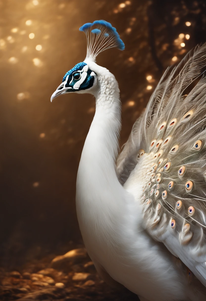 best quality, a stunning artwork of a beautiful white peacock, intricately detailed, (best shadow), elegant, volumetric lighting. It's look like a queen.