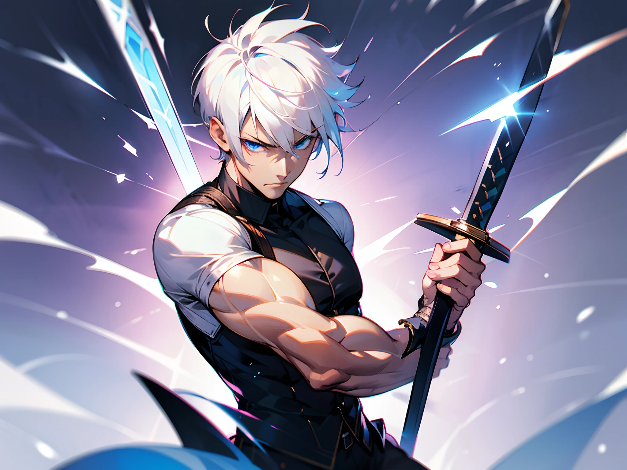 Holding a sword.