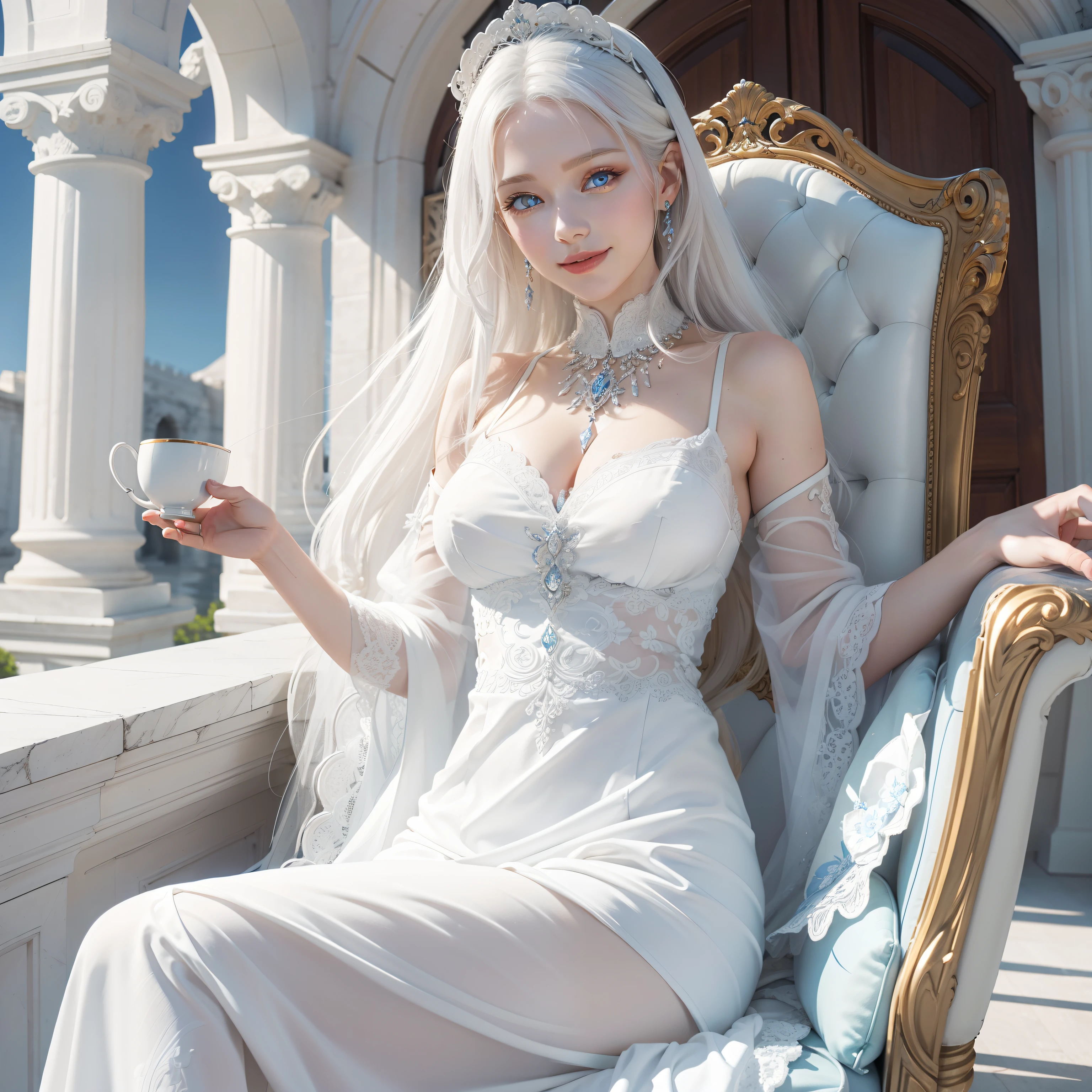 White goddess blue eyes in human shape、beautiful body of a flower of a very attractive age with white lower hair,,,Wearing a white dress,Smiling inside a magnificent palace made of white stone,Sit on a chair and drink tea,