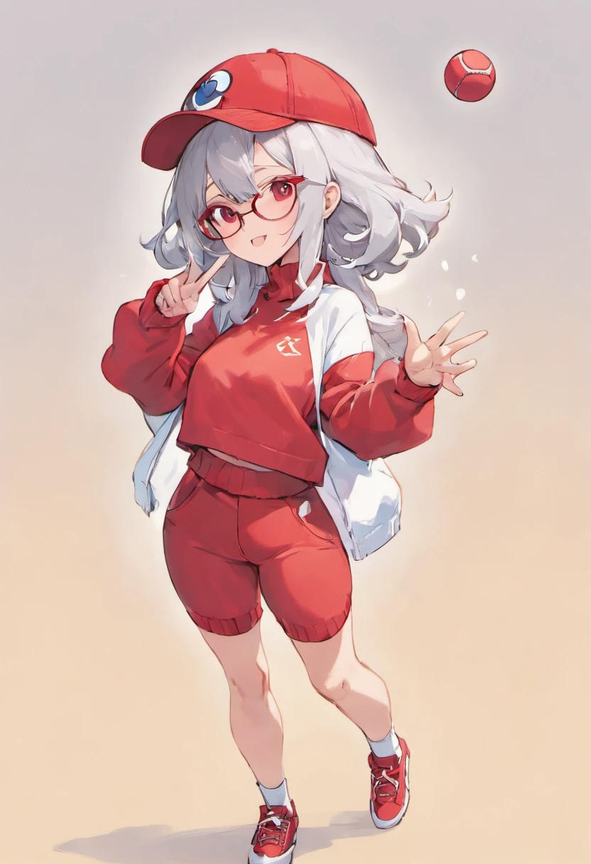 Grinning face,Baseball Cap,Red Baseball Cap,Left hand on hip, Extend your right hand forward、Pointing finger,white short pants,deph of field,tussock,Turtleneck knitwear,Red glasses,Hi-Res, 1womanl,Pose with your right arm stretched forward, 独奏,Holding a Poké Ball in Your Hands, grey eyes, white hair, Red glasses,Red Baseball Cap, Red knitted turtleneck with long sleeves, White shorts, a belt, Bad face, Stick out the arm holding the poké ball, put hands on the hip,
