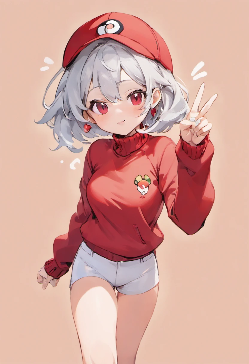 Grinning face,Baseball Cap,Red Baseball Cap,Left hand on hip, Extend your right hand forward、Pointing finger,white short pants,deph of field,tussock,Turtleneck knitwear,Red glasses,Hi-Res, 1womanl,Pose with your right arm stretched forward, 独奏,Holding a Poké Ball in Your Hands, grey eyes, white hair, Red glasses,Red Baseball Cap, Red knitted turtleneck with long sleeves, White shorts, a belt, Bad face, Stick out the arm holding the poké ball, put hands on the hip,