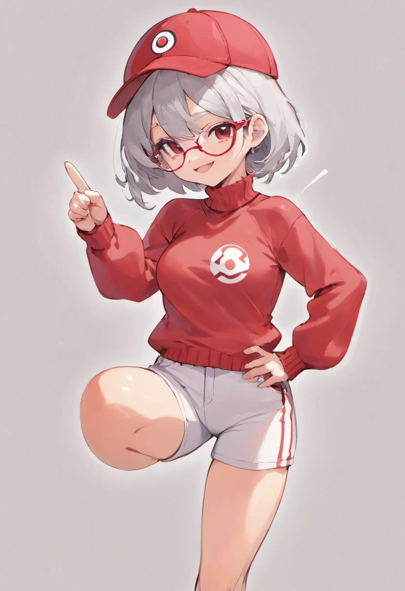 Grinning face,Baseball Cap,Red Baseball Cap,Left hand on hip, Extend your right hand forward、Pointing finger,white short pants,deph of field,tussock,Turtleneck knitwear,Red glasses,Hi-Res, 1womanl,Pose with your right arm stretched forward, 独奏,Holding a Poké Ball in Your Hands, grey eyes, white hair, Red glasses,Red Baseball Cap, Red knitted turtleneck with long sleeves, White shorts, a belt, Bad face, Stick out the arm holding the poké ball, put hands on the hip,