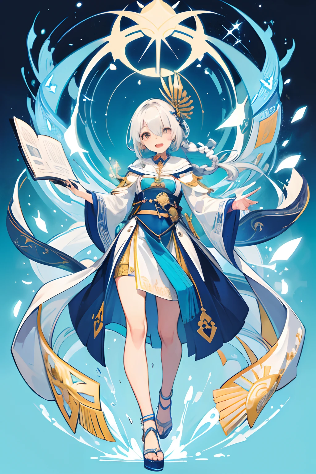 (mouthpiece, of the highest quality, Illustration, Very high quality, Very fine writing), Full body, Vibrant, No background, One Person, dignitary,
heel, spiritual, Female, Light blue, walls, Close one eye and smile, Open mouth