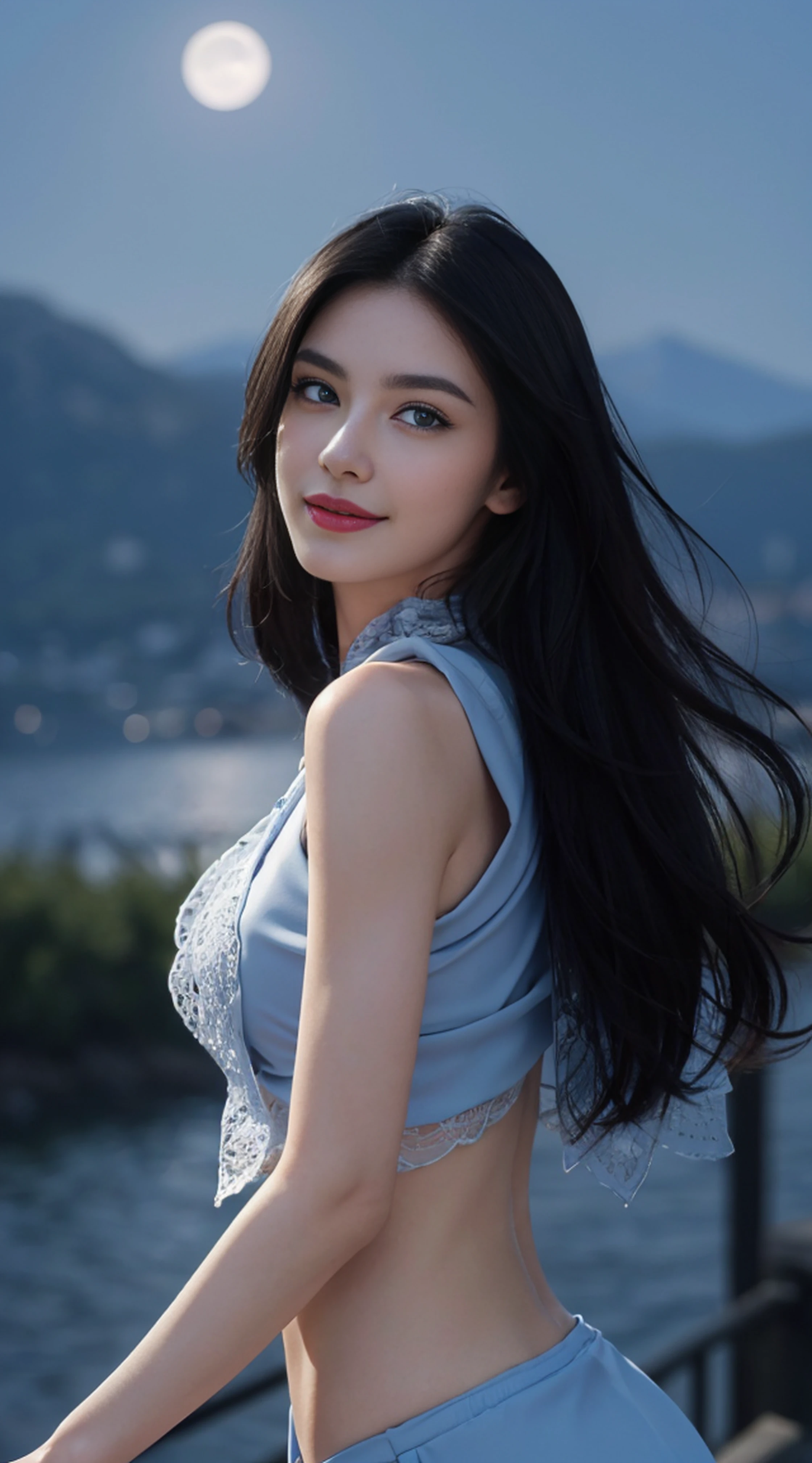 8K, Top Quality, Intricate Details, Ultra Detail, Ultra High Resolution, Masterpiece, random angle, Slender, Smile, (Makeup: 0.4), (Fluffy Blue Eyes: 1.21), blue Eyes, looking at viewer, ((full body)), 1girl, solo, 1 girl, (( full body)), close up shot, , ((tall)), (((fit body))), (((slim face))), sharp face, sharp eyes, (((black hair, long hair, )) (detailed face), sharp face, small lips,
((shawl, )), detailed face, detailed breast, , large breast, detail ass, , Beautiful girl with accentuated slender abs: 1.4, Six Pack Abs: 1.4, Bust Botox, Big, Perfect Body, detail leg, (( moonlight)), top of mountain