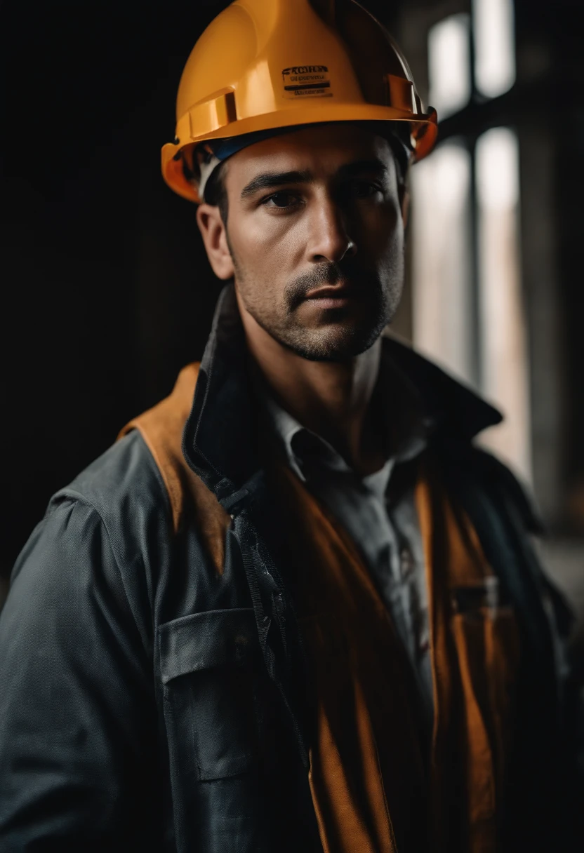 Portrait of a construction worker，lightand shade contrast，Ultra-detailed details，The background is an unfinished construction site，Huge unfinished building1:2,8K